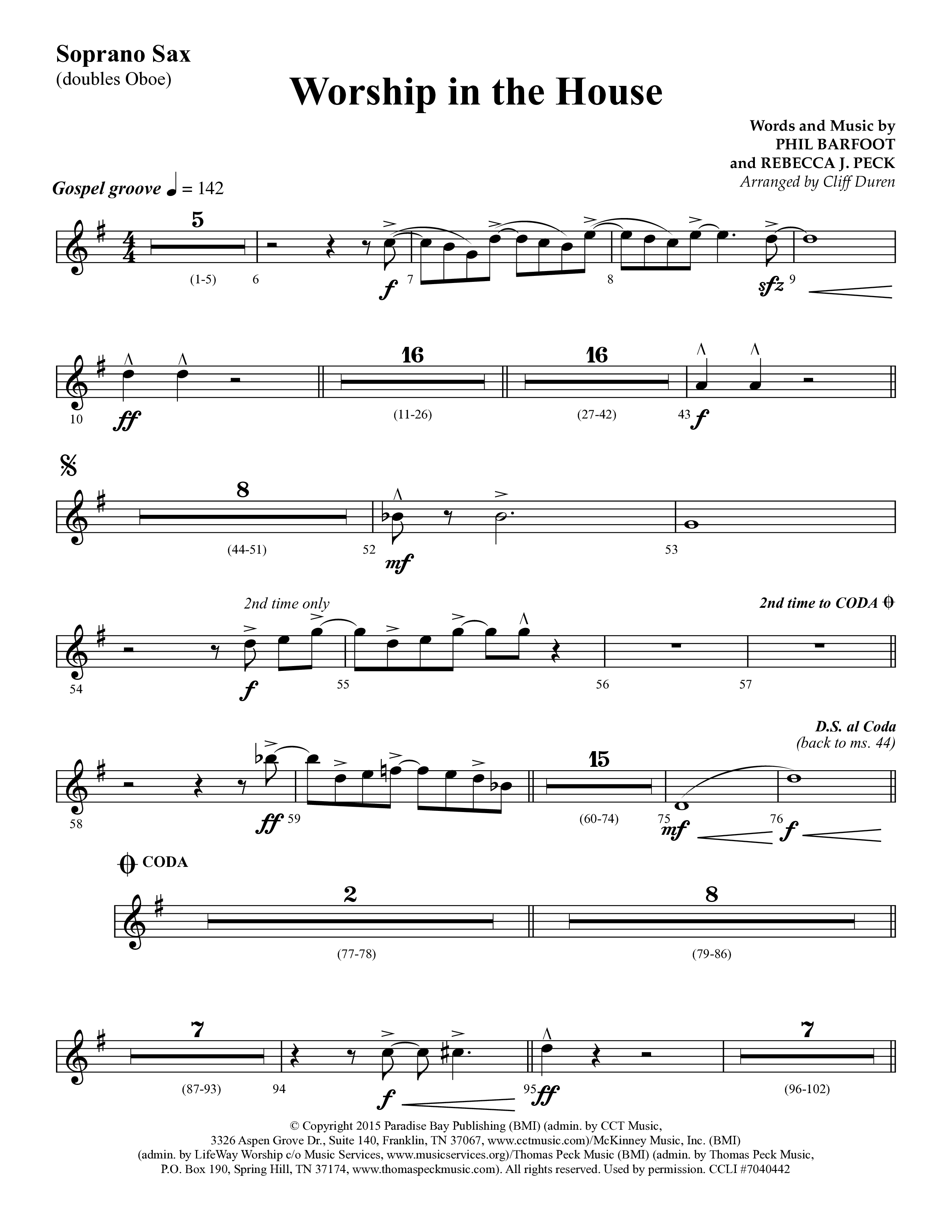 Worship In The House (Choral Anthem SATB) Soprano Sax (Lifeway Choral / Arr. Cliff Duren)
