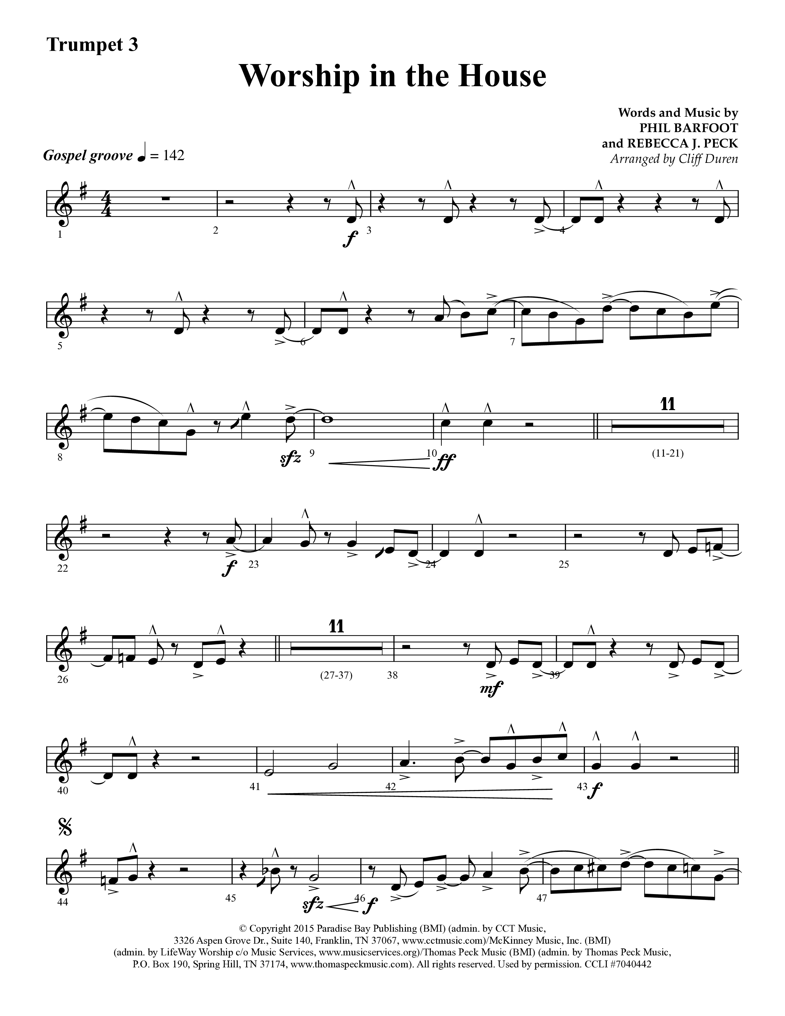 Worship In The House (Choral Anthem SATB) Trumpet 3 (Lifeway Choral / Arr. Cliff Duren)
