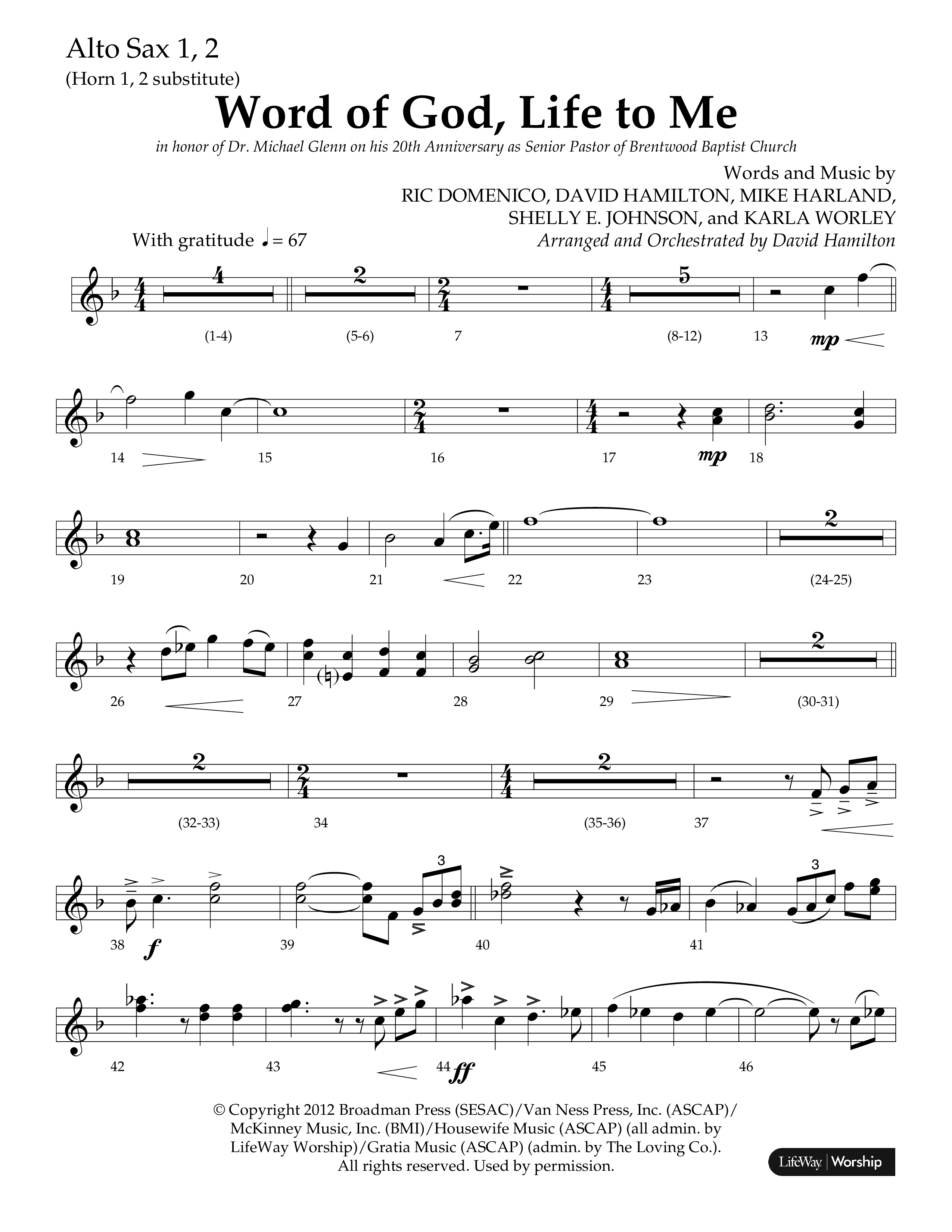 Word Of God Life To Me (Choral Anthem SATB) Alto Sax 1/2 (Lifeway Choral / Arr. David Hamilton)