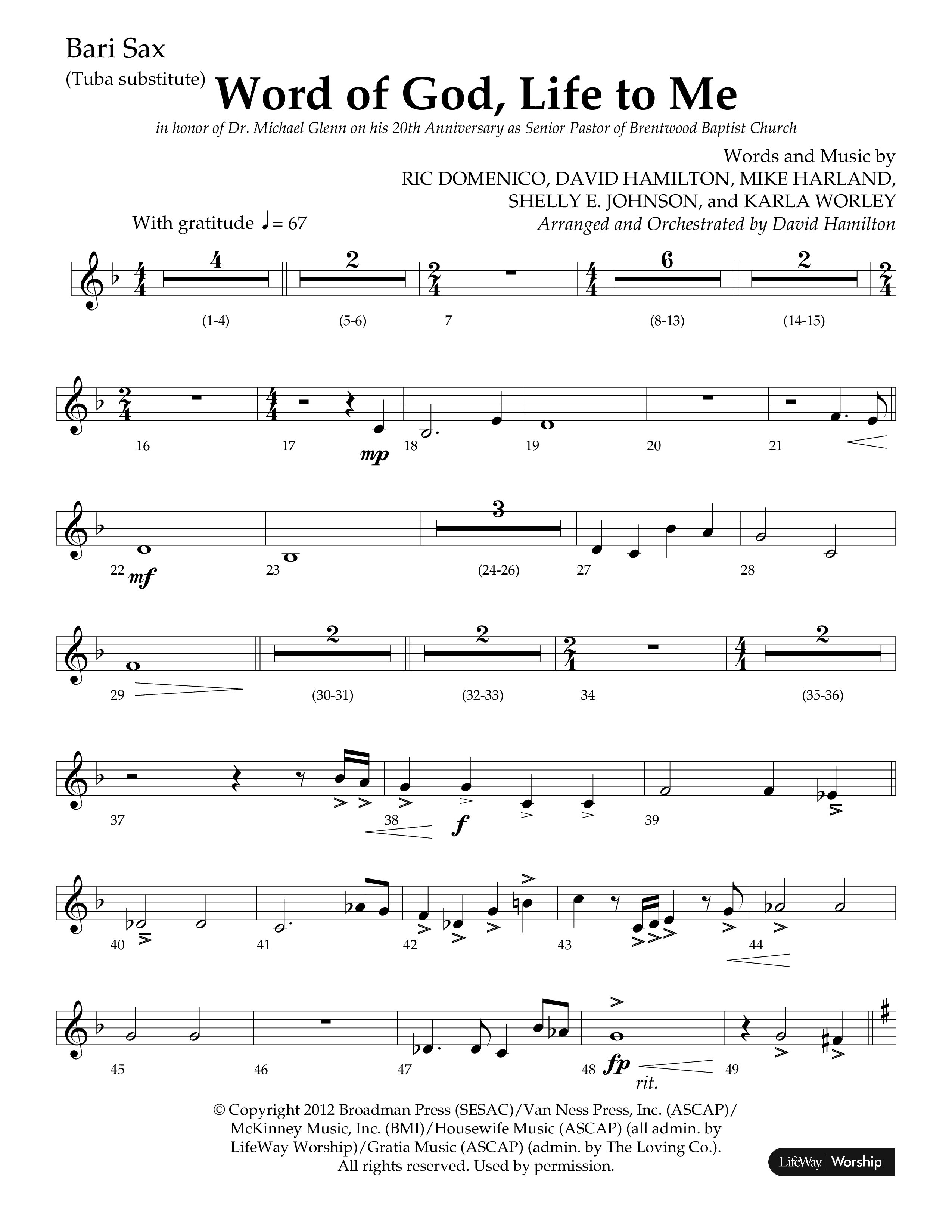 Word Of God Life To Me (Choral Anthem SATB) Bari Sax (Lifeway Choral / Arr. David Hamilton)