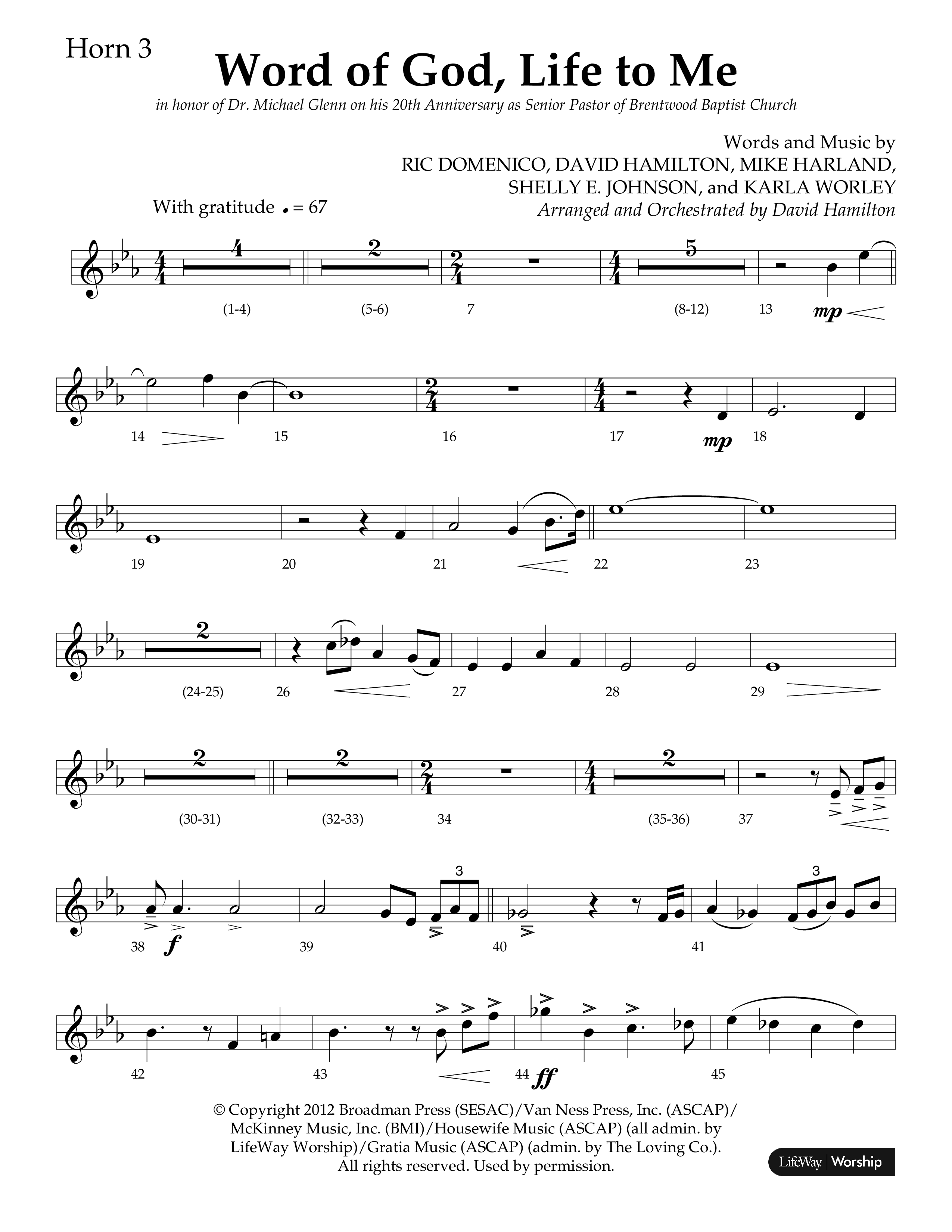 Word Of God Life To Me (Choral Anthem SATB) French Horn 3 (Lifeway Choral / Arr. David Hamilton)