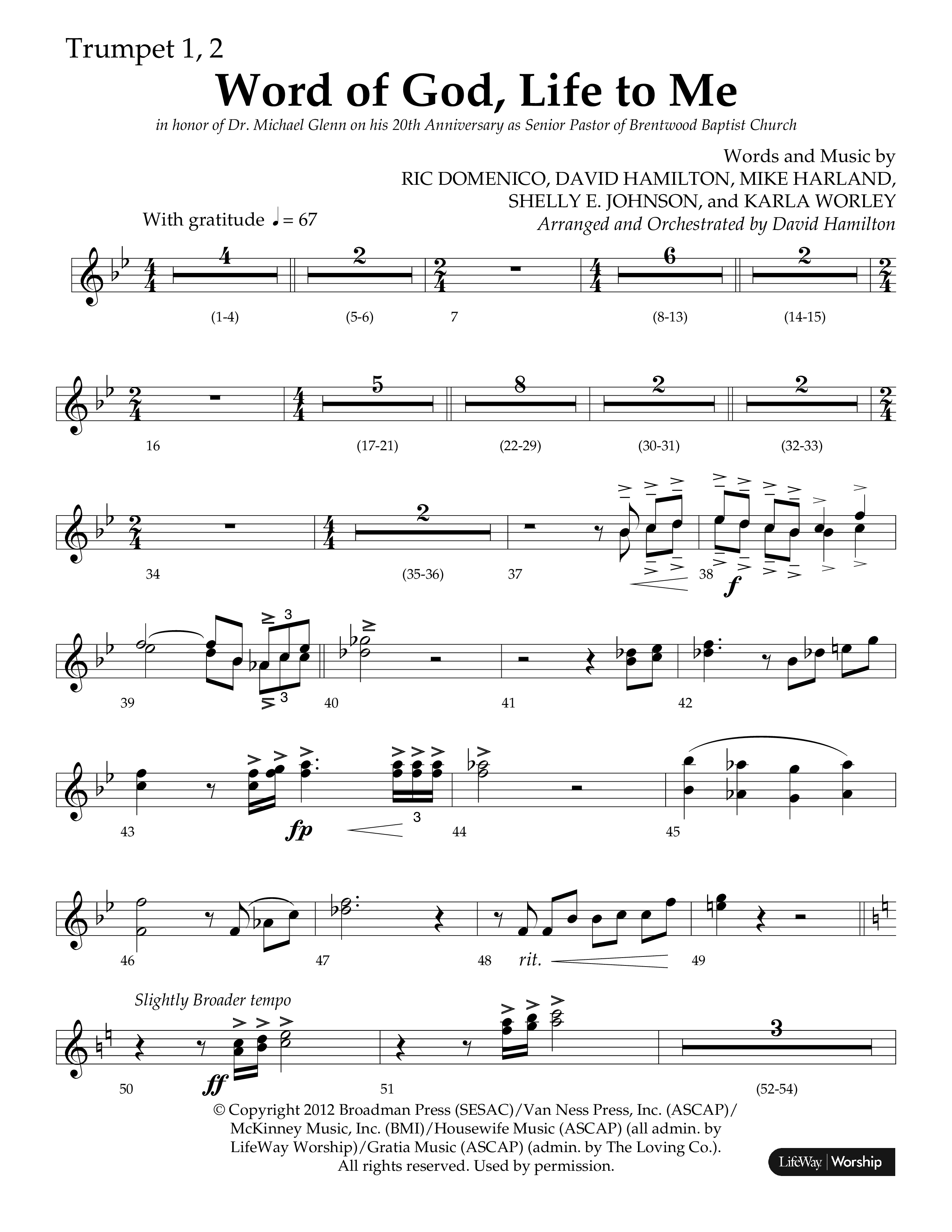 Word Of God Life To Me (Choral Anthem SATB) Trumpet 1,2 (Lifeway Choral / Arr. David Hamilton)