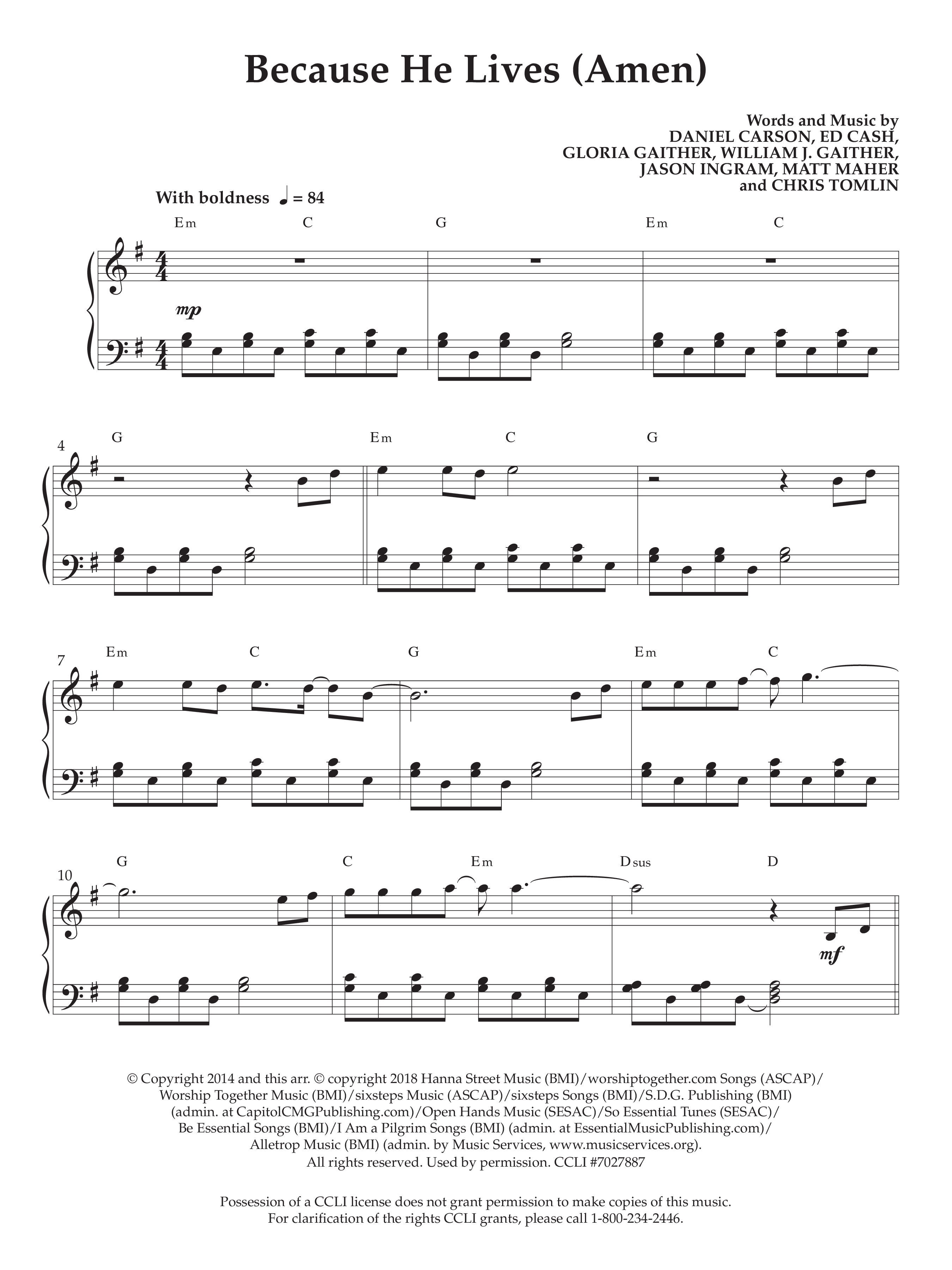 Because He Lives (Amen) (Instrumental) Piano Sheet (Lifeway Worship / Arr. Phillip Keveren)
