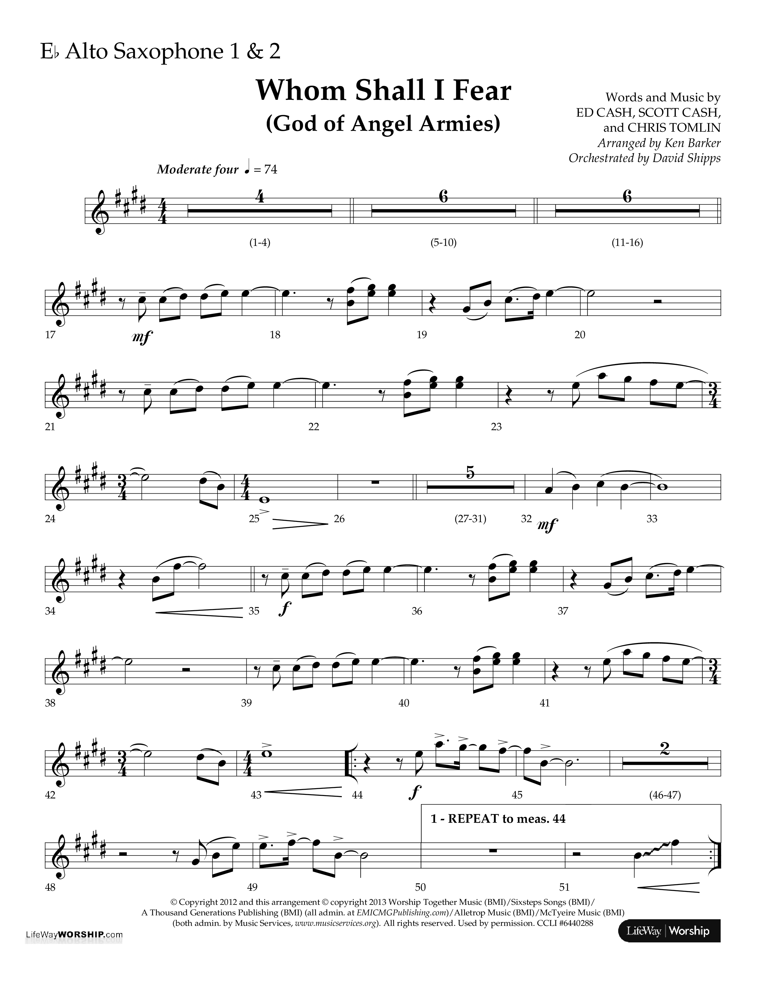 Whom Shall I Fear (God Of Angel Armies) (Choral Anthem SATB) Alto Sax 1/2 (Lifeway Choral / Arr. Ken Barker / Orch. David Shipps)