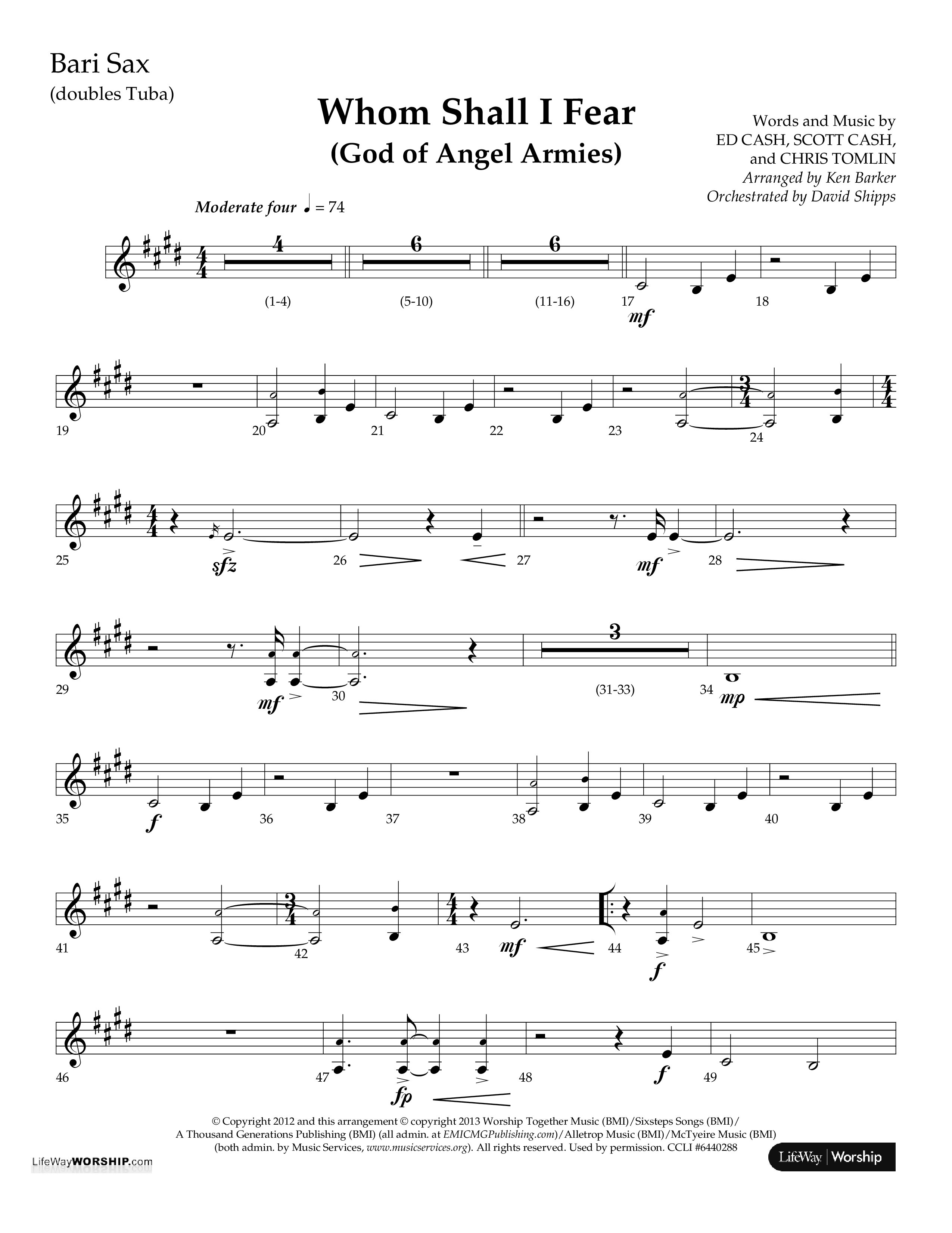 Whom Shall I Fear (God Of Angel Armies) (Choral Anthem SATB) Bari Sax (Lifeway Choral / Arr. Ken Barker / Orch. David Shipps)