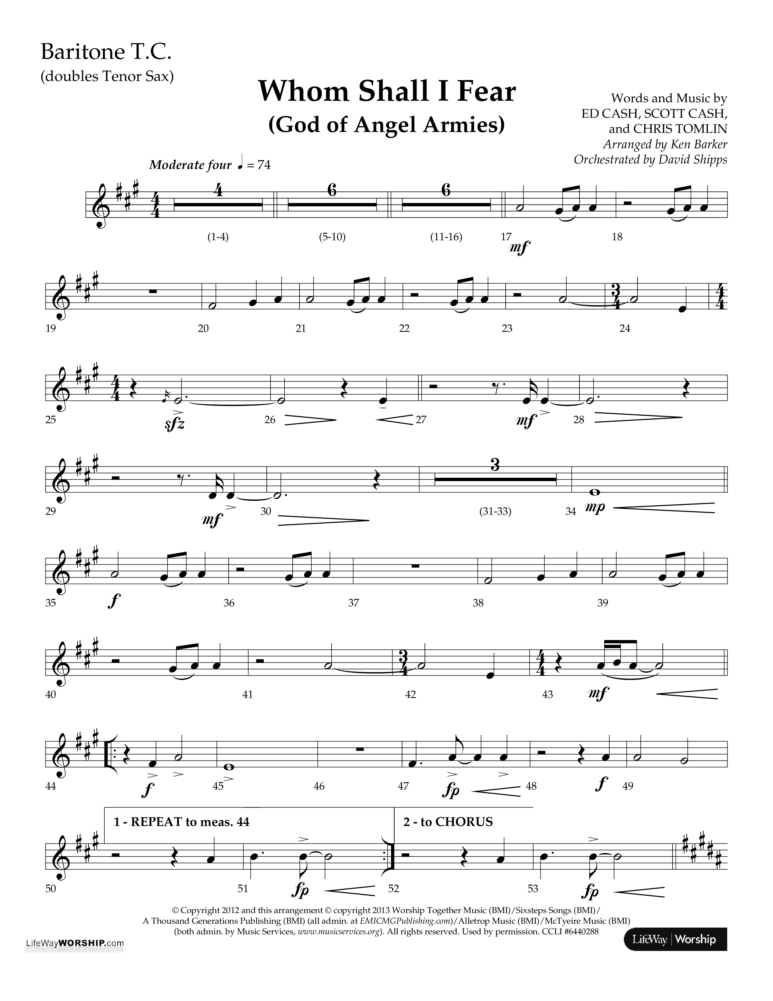 Whom Shall I Fear (God Of Angel Armies) (Choral Anthem SATB) Baritone TC (Lifeway Choral / Arr. Ken Barker / Orch. David Shipps)