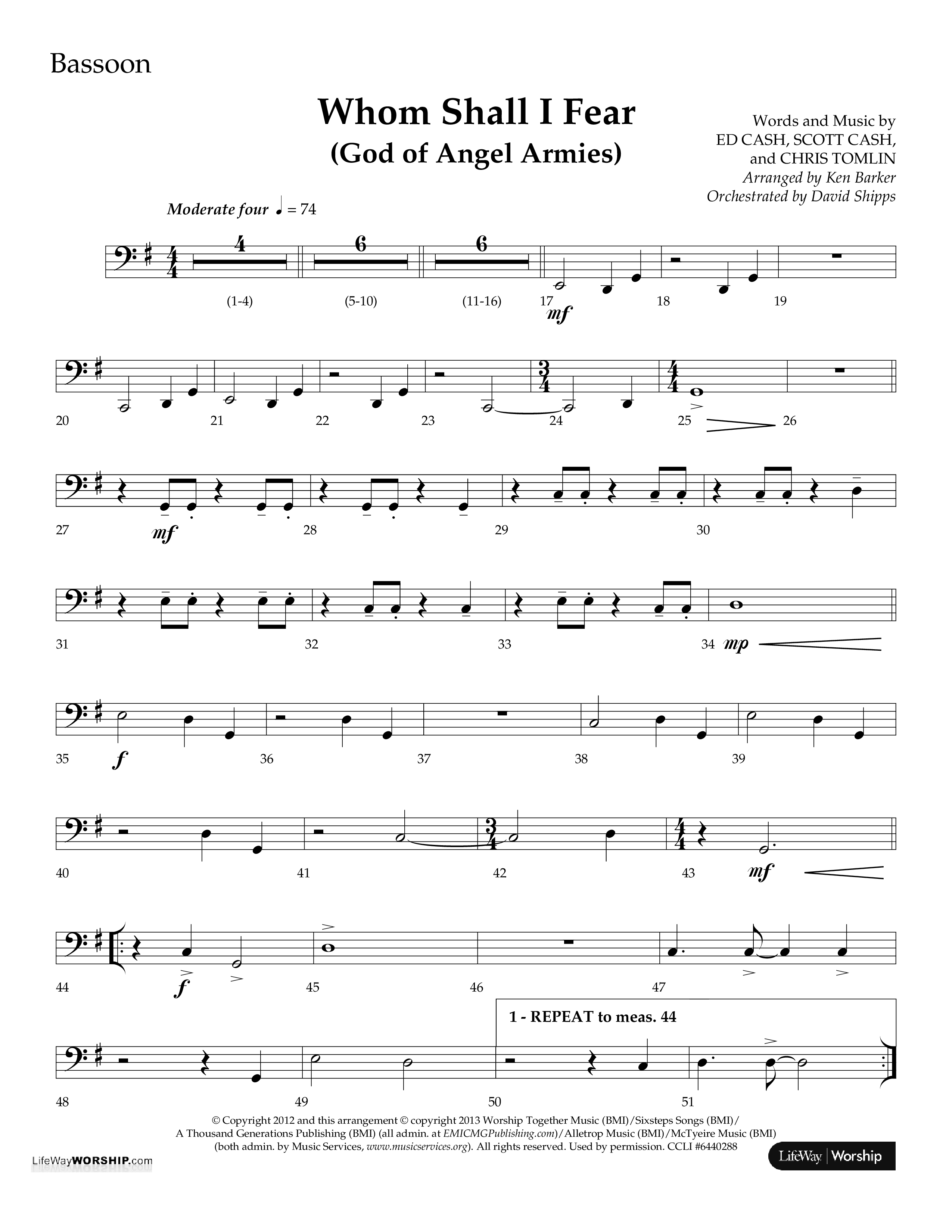 Whom Shall I Fear (God Of Angel Armies) (Choral Anthem SATB) Bassoon (Lifeway Choral / Arr. Ken Barker / Orch. David Shipps)