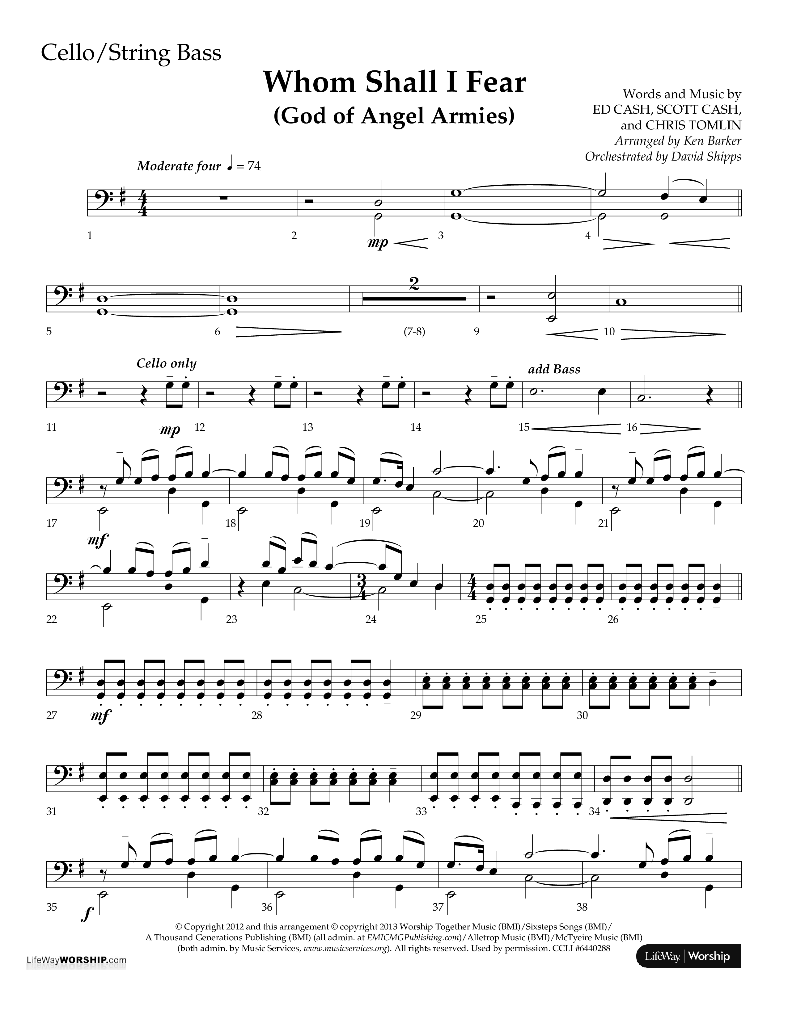 Whom Shall I Fear (God Of Angel Armies) (Choral Anthem SATB) Cello/Bass (Lifeway Choral / Arr. Ken Barker / Orch. David Shipps)