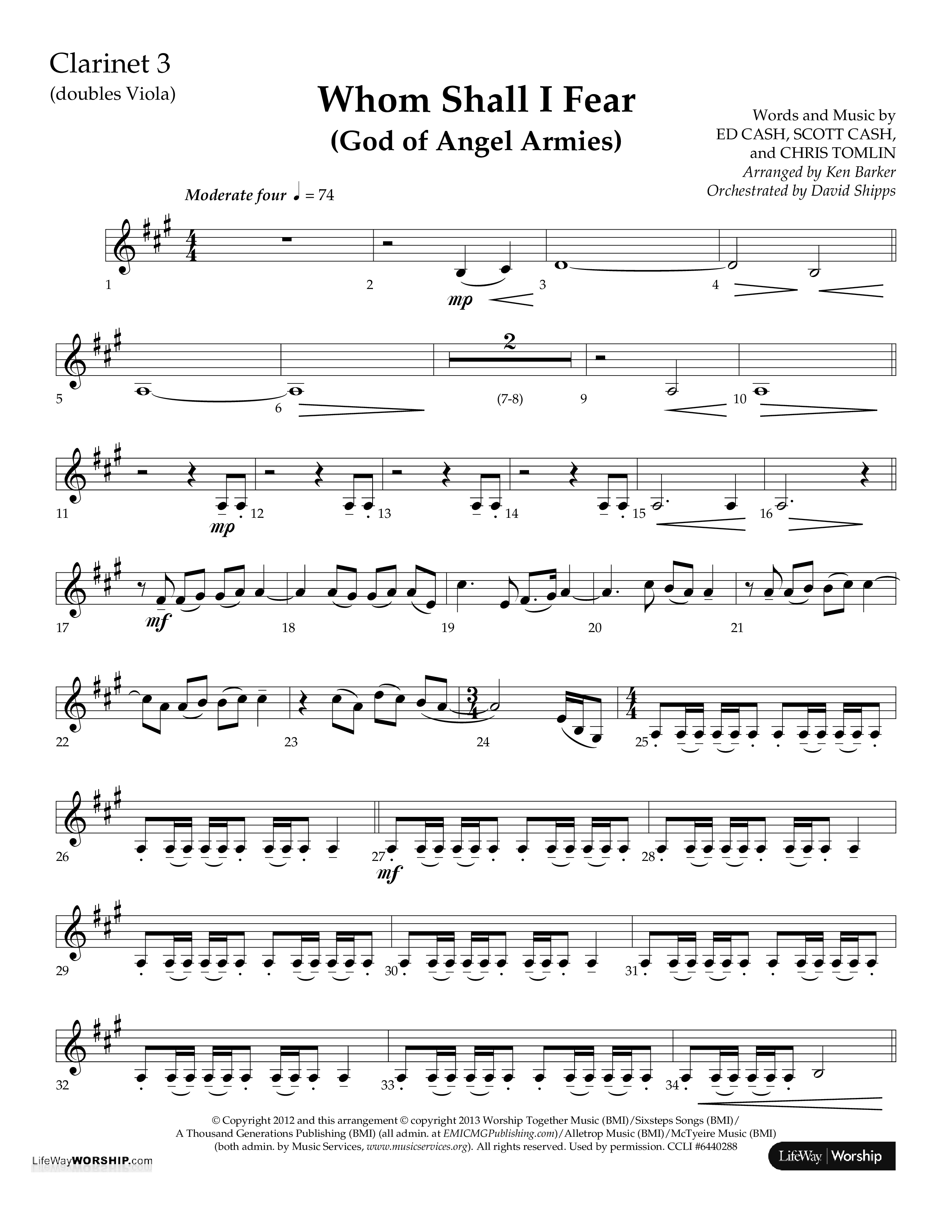 Whom Shall I Fear (God Of Angel Armies) (Choral Anthem SATB) Clarinet 3 (Lifeway Choral / Arr. Ken Barker / Orch. David Shipps)