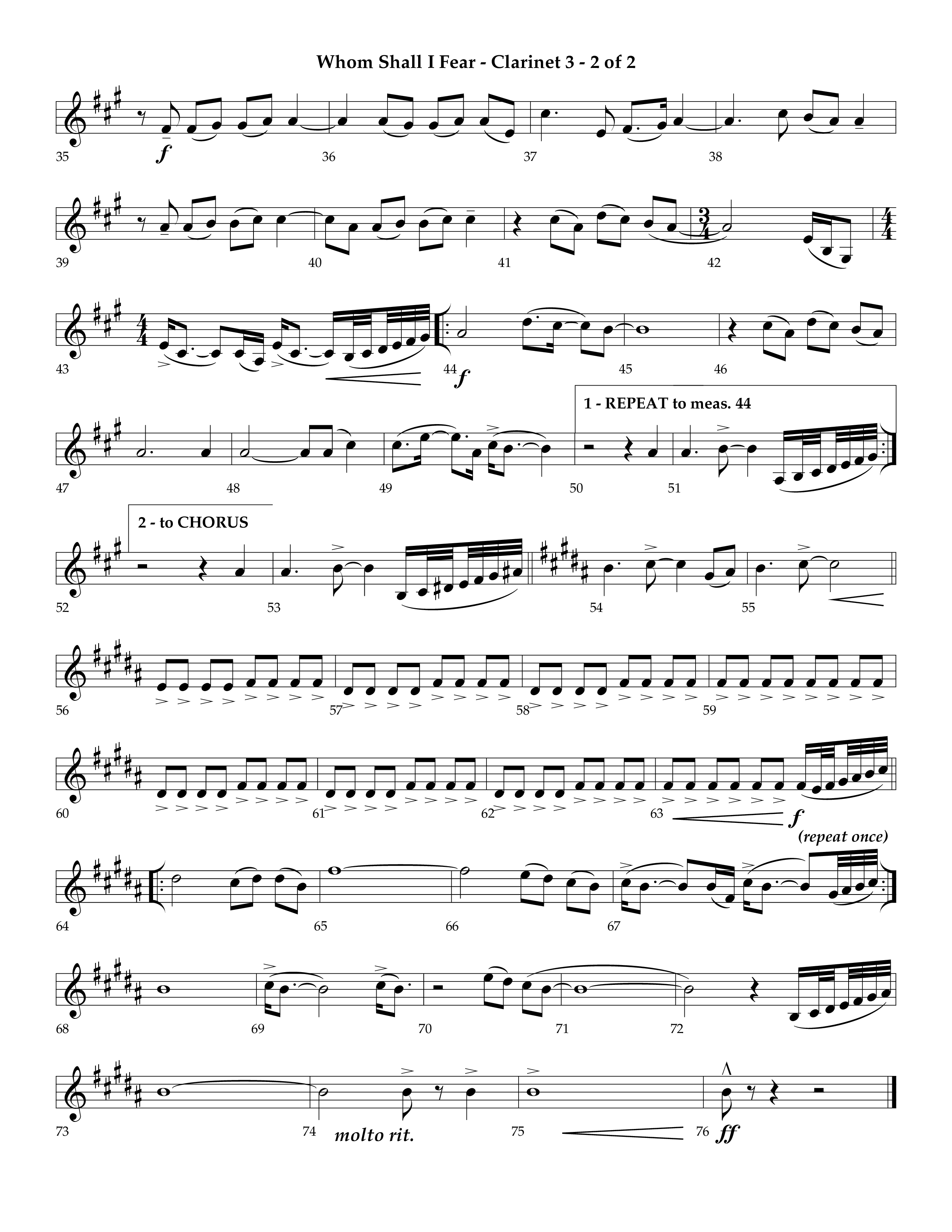 Whom Shall I Fear (God Of Angel Armies) (Choral Anthem SATB) Clarinet 3 (Lifeway Choral / Arr. Ken Barker / Orch. David Shipps)