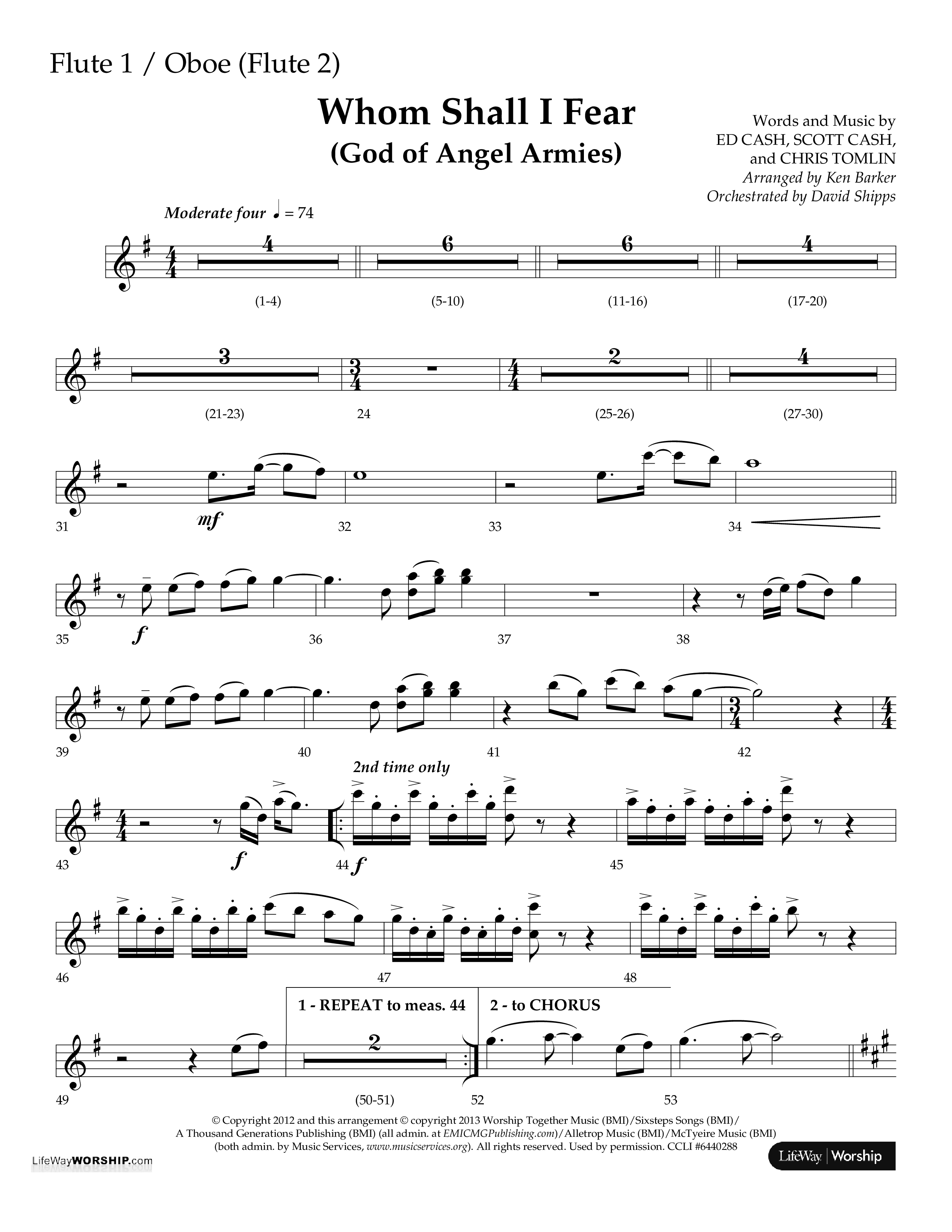 Whom Shall I Fear (God Of Angel Armies) (Choral Anthem SATB) Flute (Lifeway Choral / Arr. Ken Barker / Orch. David Shipps)