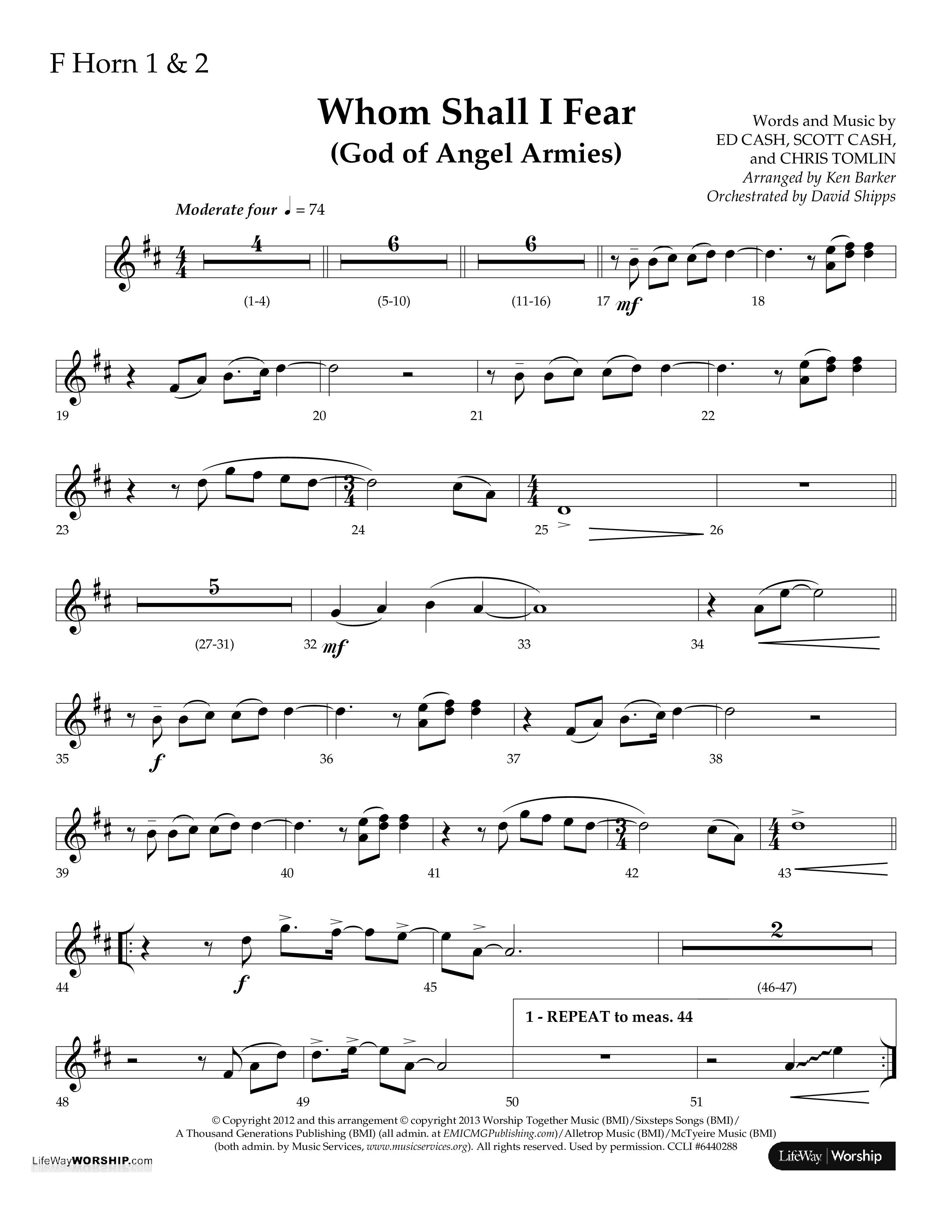 Whom Shall I Fear (God Of Angel Armies) (Choral Anthem SATB) French Horn 1/2 (Lifeway Choral / Arr. Ken Barker / Orch. David Shipps)