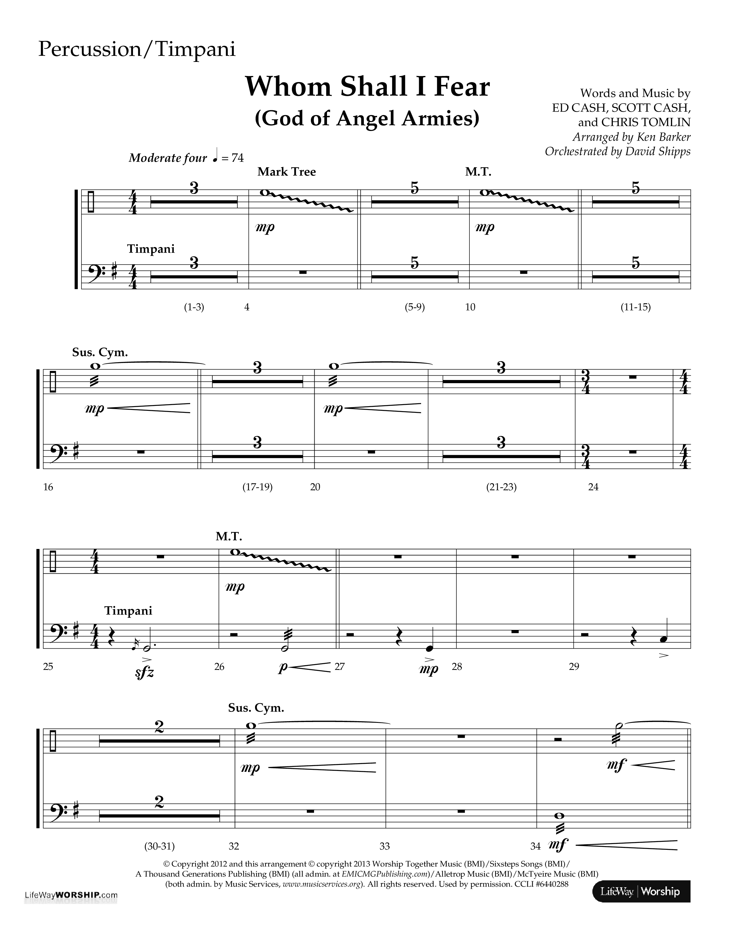 Whom Shall I Fear (God Of Angel Armies) (Choral Anthem SATB) Percussion (Lifeway Choral / Arr. Ken Barker / Orch. David Shipps)