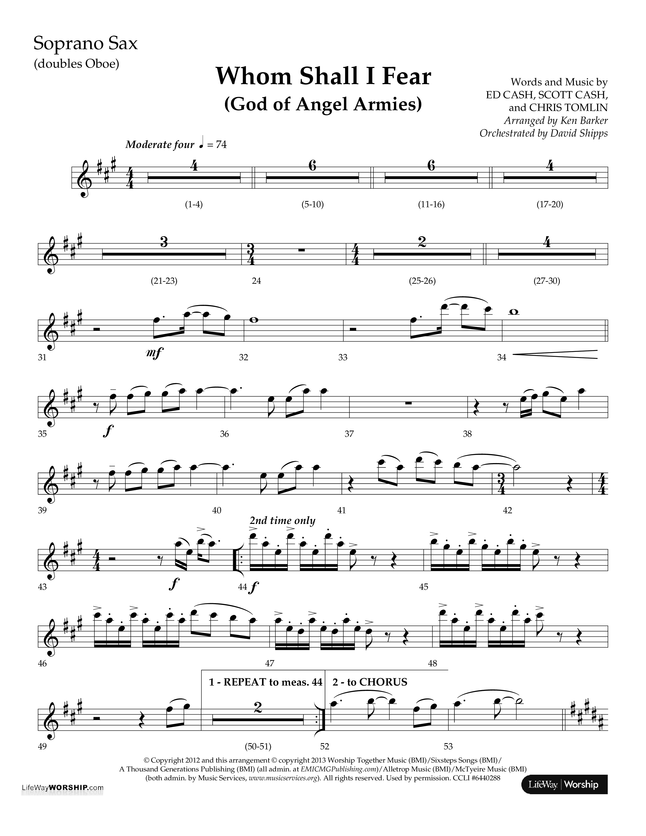Whom Shall I Fear (God Of Angel Armies) (Choral Anthem SATB) Soprano Sax (Lifeway Choral / Arr. Ken Barker / Orch. David Shipps)