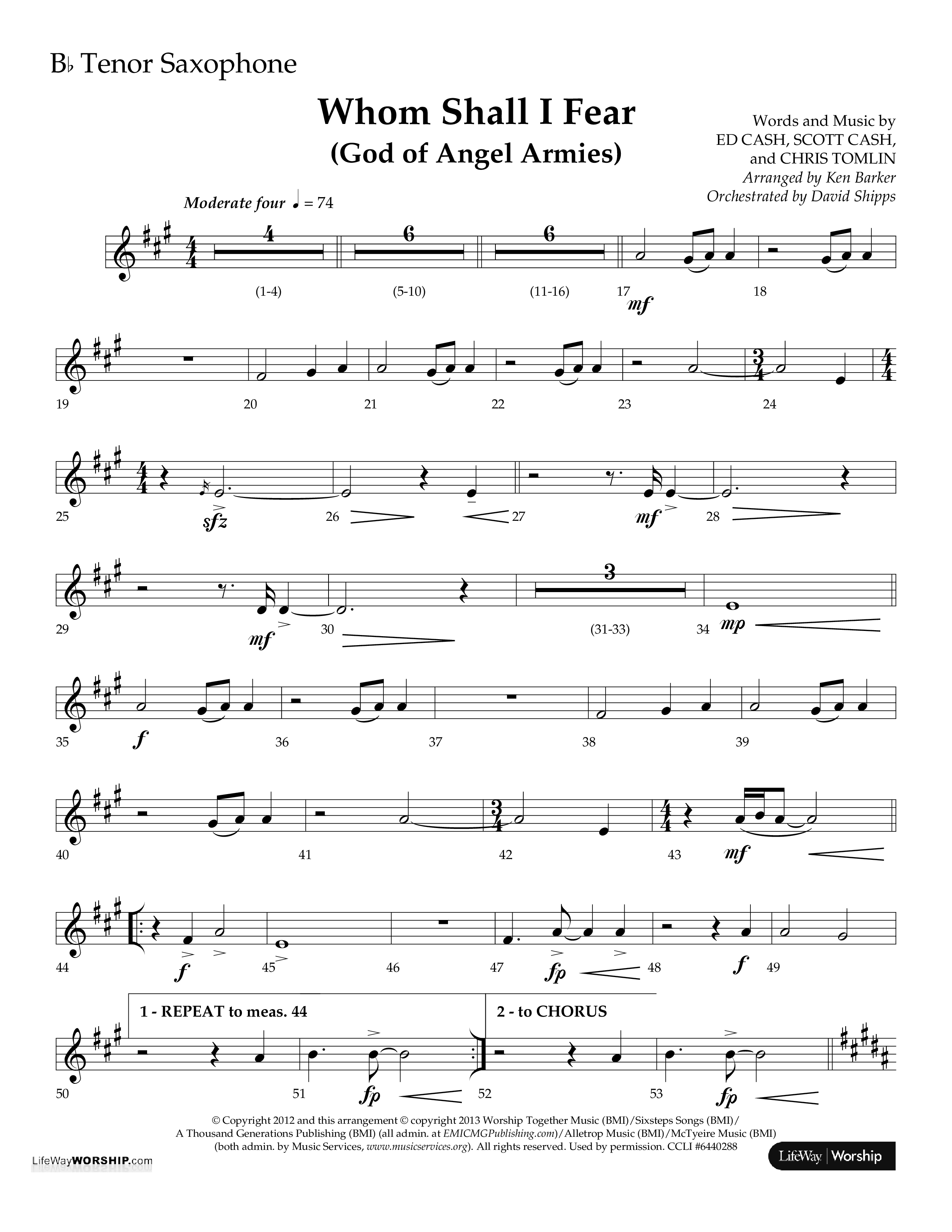 Whom Shall I Fear (God Of Angel Armies) (Choral Anthem SATB) Tenor Sax 1 (Lifeway Choral / Arr. Ken Barker / Orch. David Shipps)