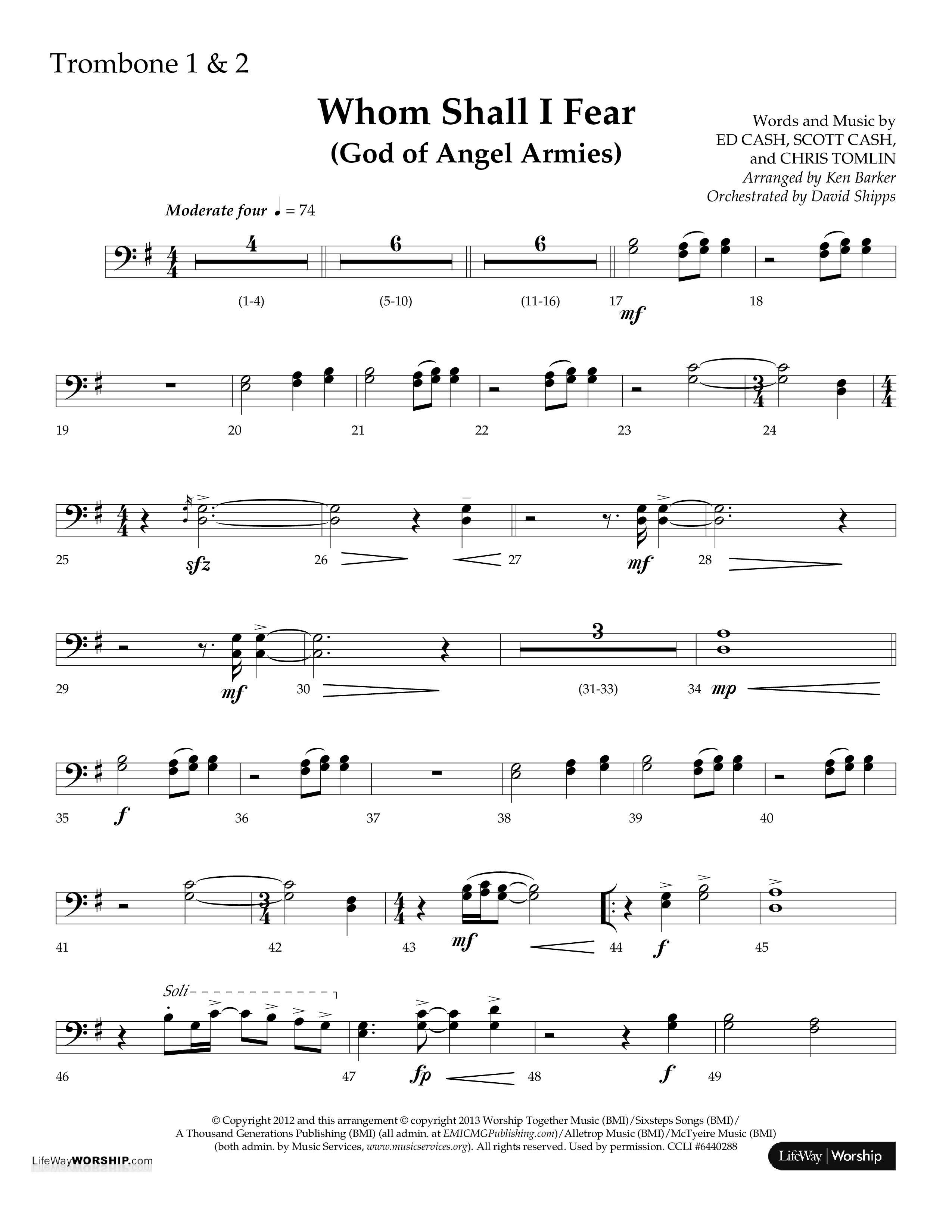 Whom Shall I Fear (God Of Angel Armies) (Choral Anthem SATB) Trombone 1/2 (Lifeway Choral / Arr. Ken Barker / Orch. David Shipps)