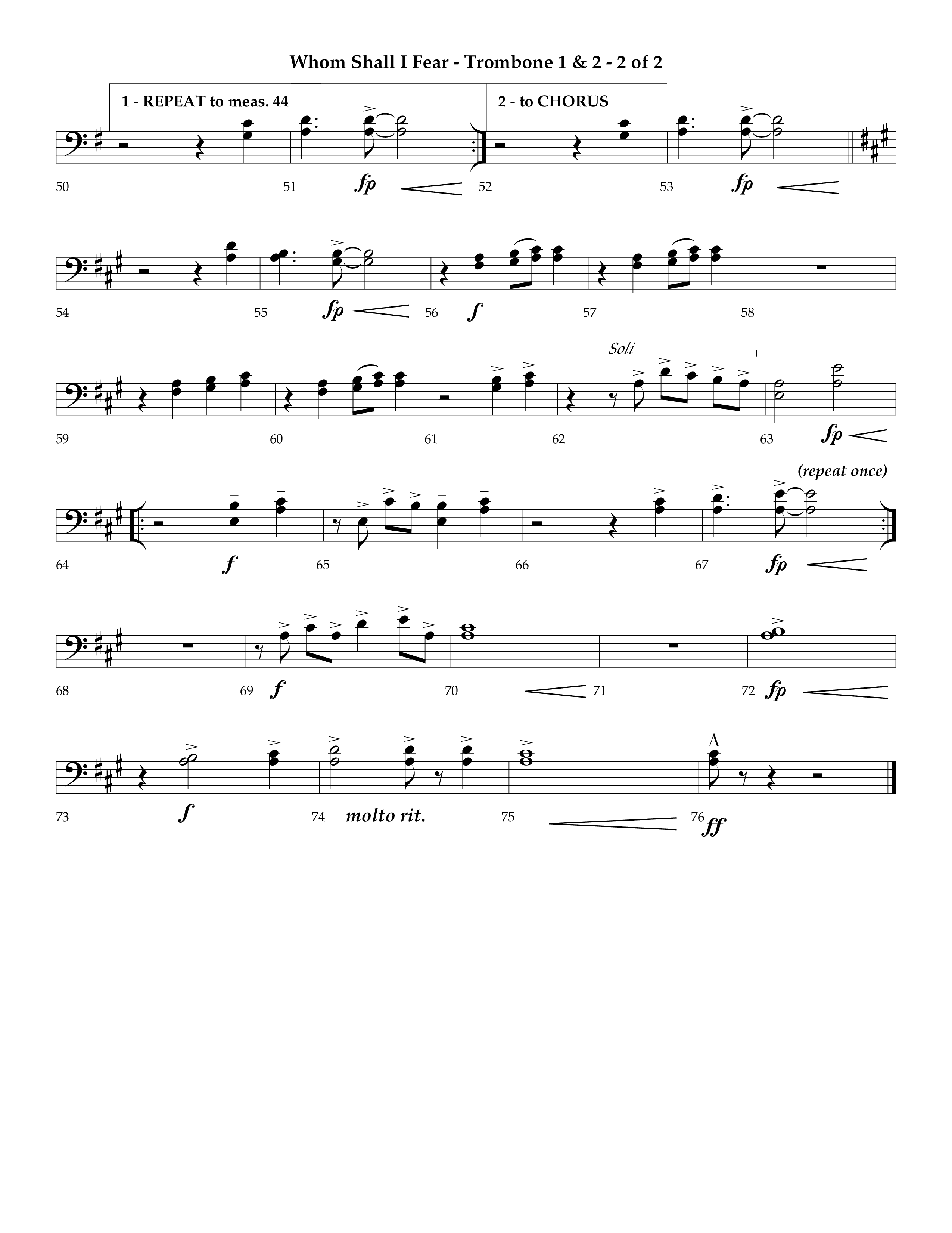 Whom Shall I Fear (God Of Angel Armies) (Choral Anthem SATB) Trombone 1/2 (Lifeway Choral / Arr. Ken Barker / Orch. David Shipps)