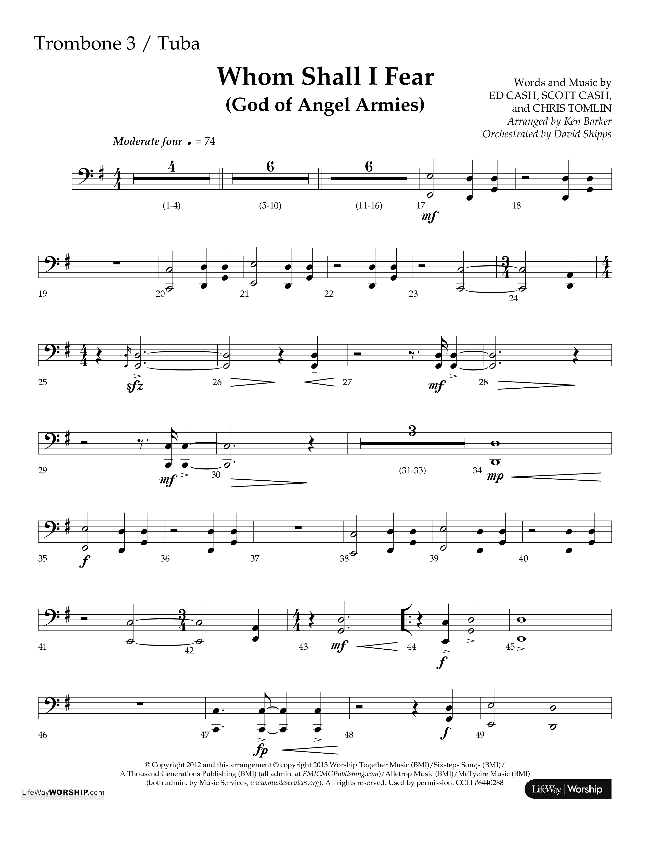 Whom Shall I Fear (God Of Angel Armies) (Choral Anthem SATB) Trombone 3/Tuba (Lifeway Choral / Arr. Ken Barker / Orch. David Shipps)