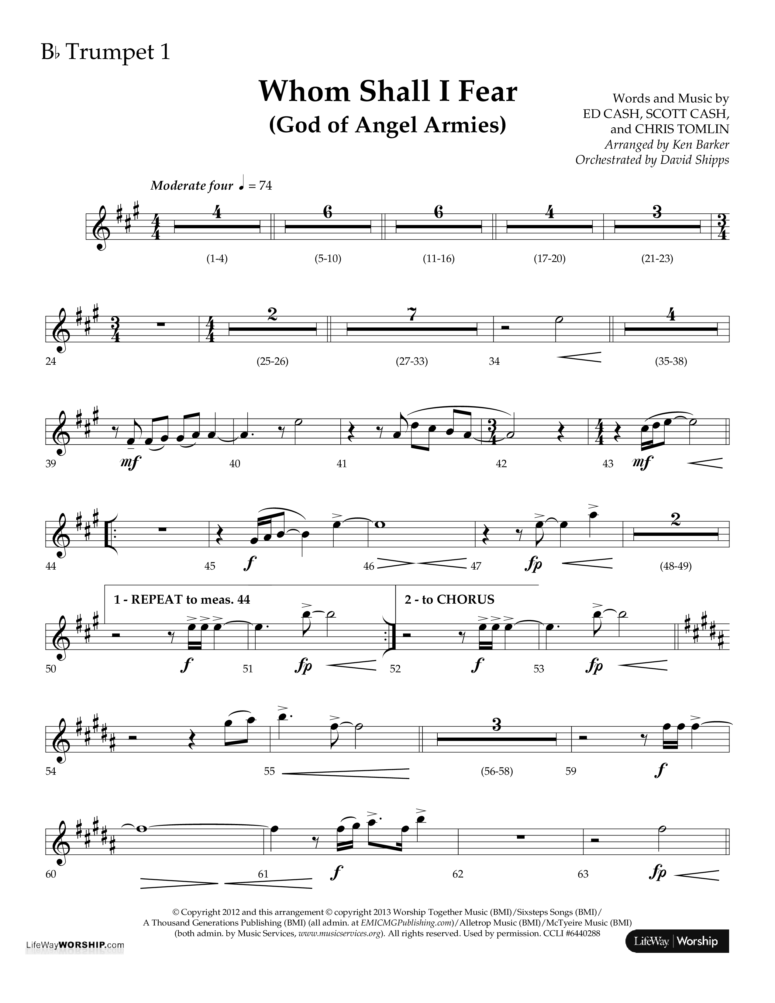 Whom Shall I Fear (God Of Angel Armies) (Choral Anthem SATB) Trumpet 1 (Lifeway Choral / Arr. Ken Barker / Orch. David Shipps)
