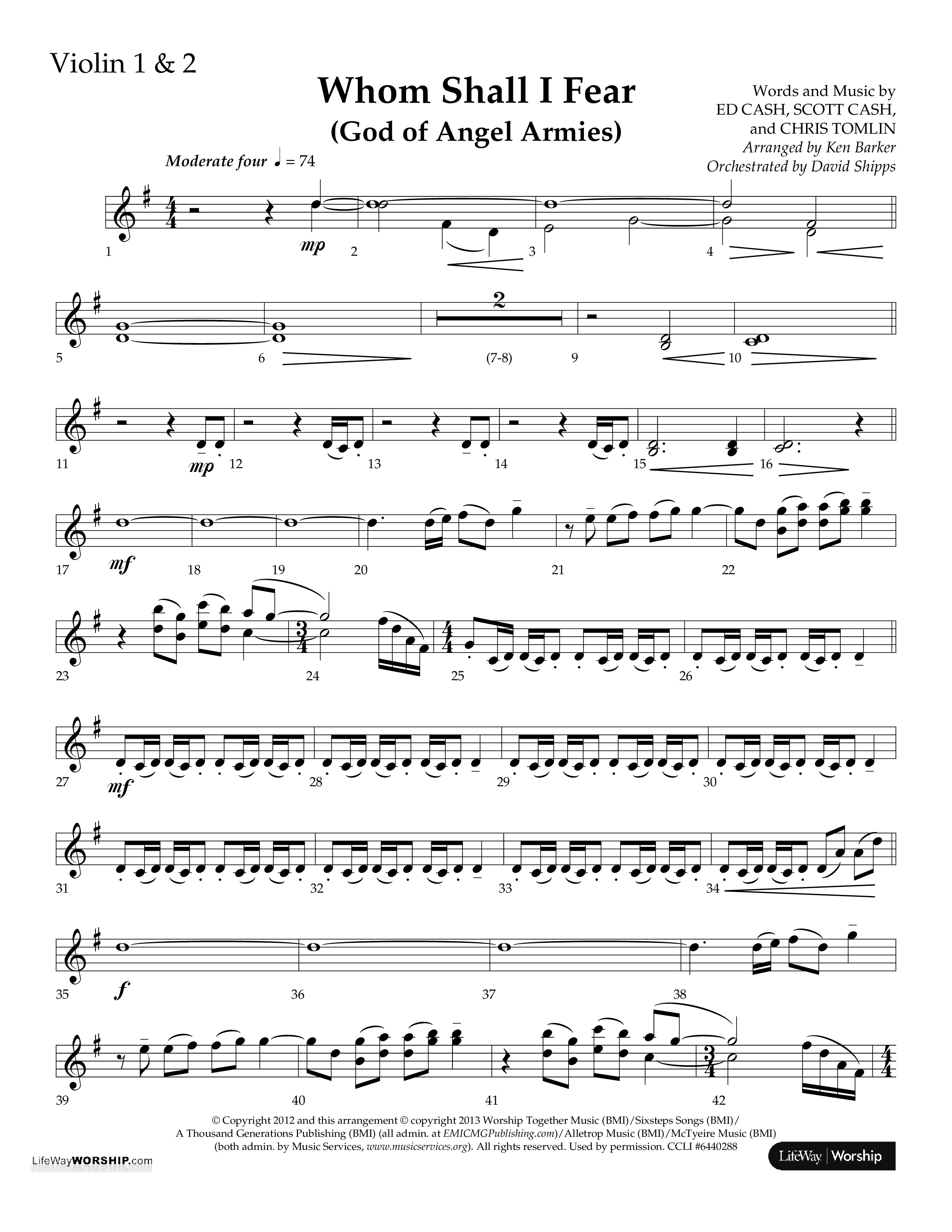 Whom Shall I Fear (God Of Angel Armies) (Choral Anthem SATB) Violin 1/2 (Lifeway Choral / Arr. Ken Barker / Orch. David Shipps)