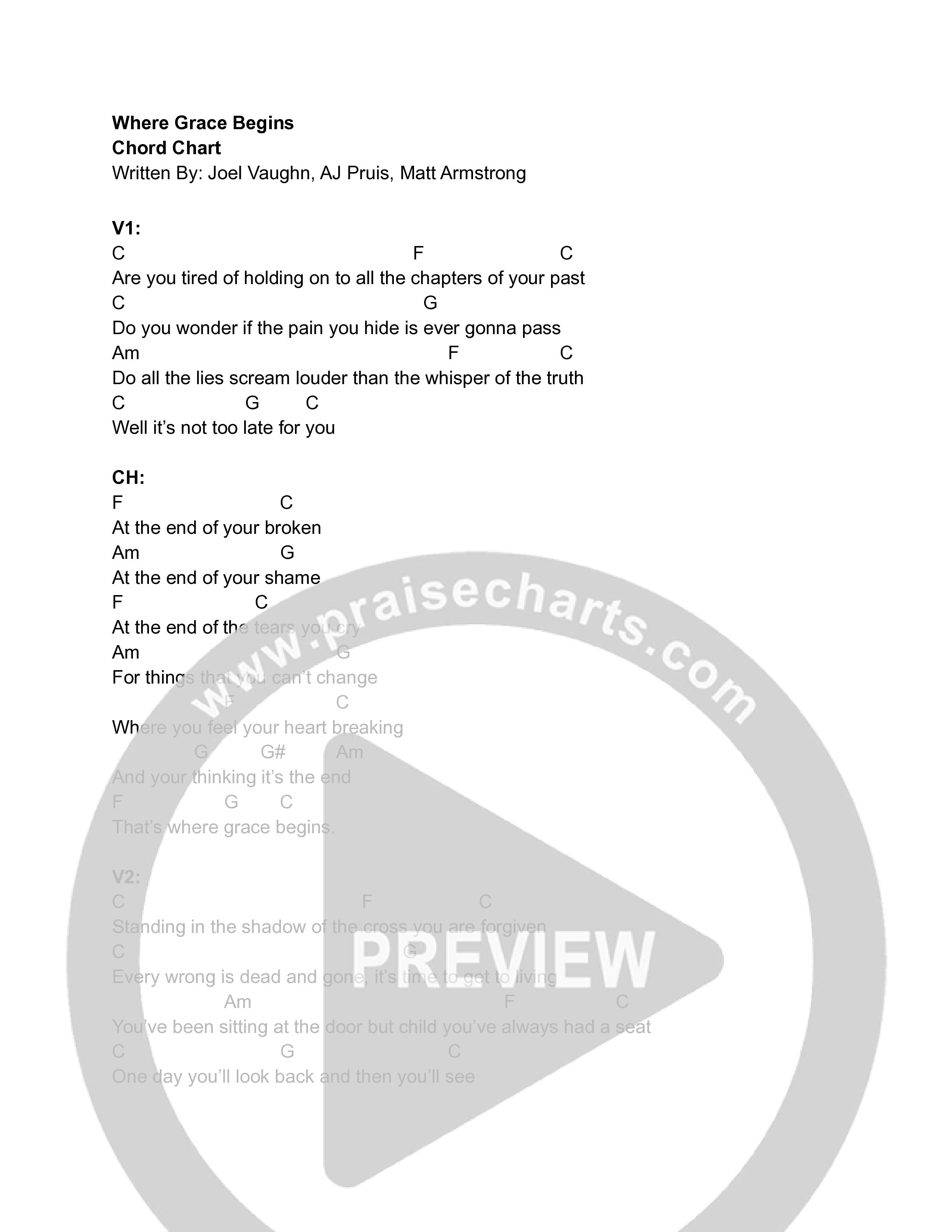 Where Grace Begins Chord Chart (Joel Vaughn)