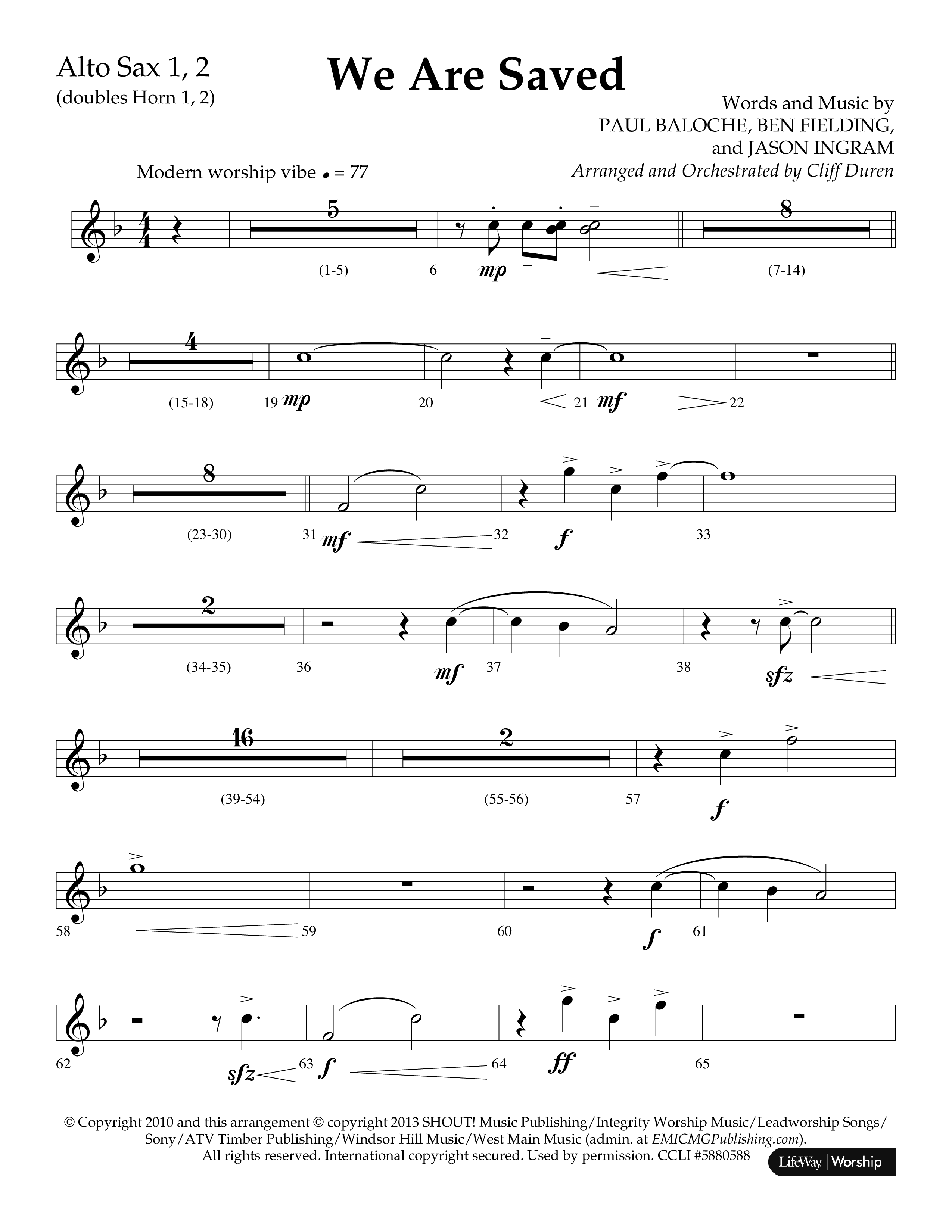 We Are Saved (Choral Anthem SATB) Alto Sax 1/2 (Lifeway Choral / Arr. Cliff Duren)