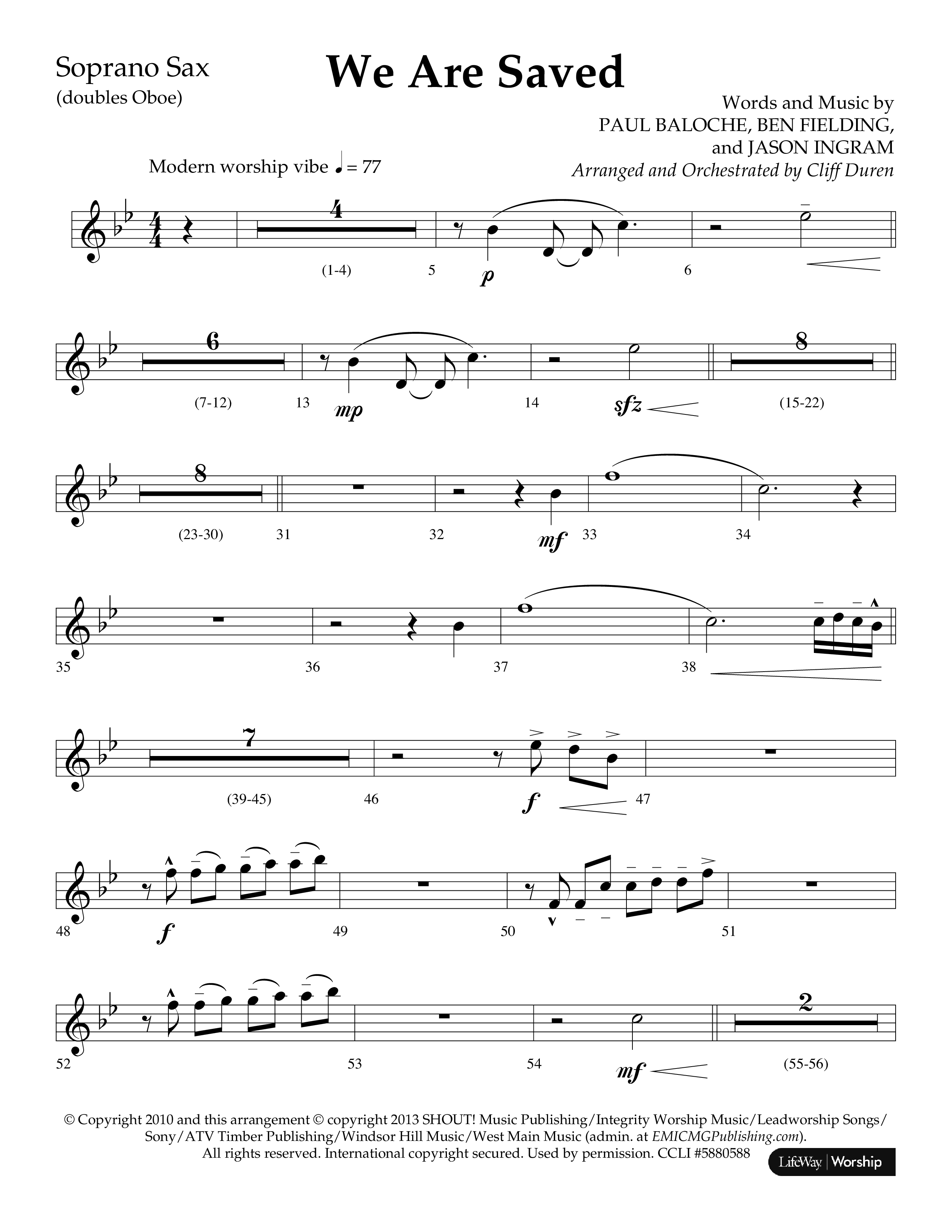 We Are Saved (Choral Anthem SATB) Soprano Sax (Lifeway Choral / Arr. Cliff Duren)