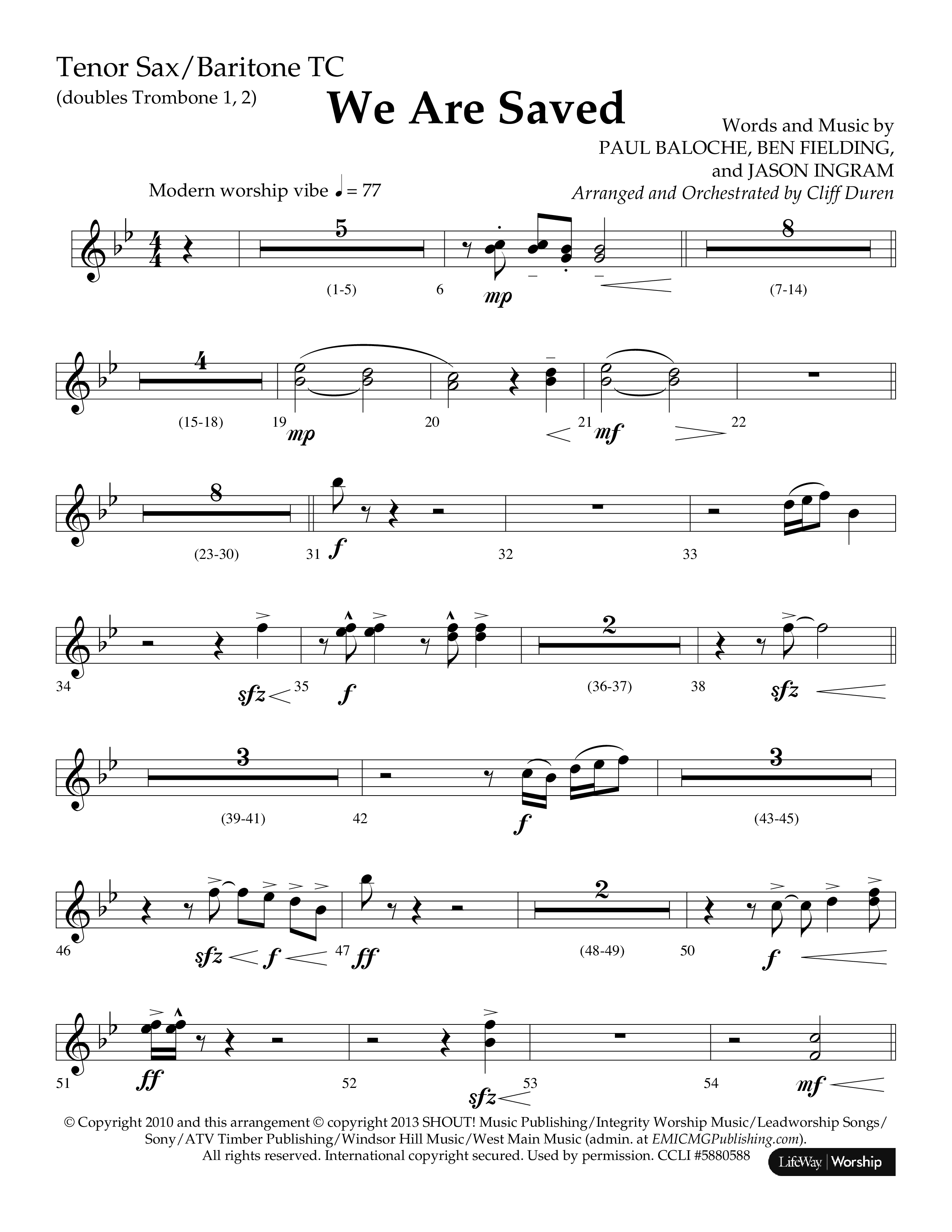 We Are Saved (Choral Anthem SATB) Tenor Sax/Baritone T.C. (Lifeway Choral / Arr. Cliff Duren)