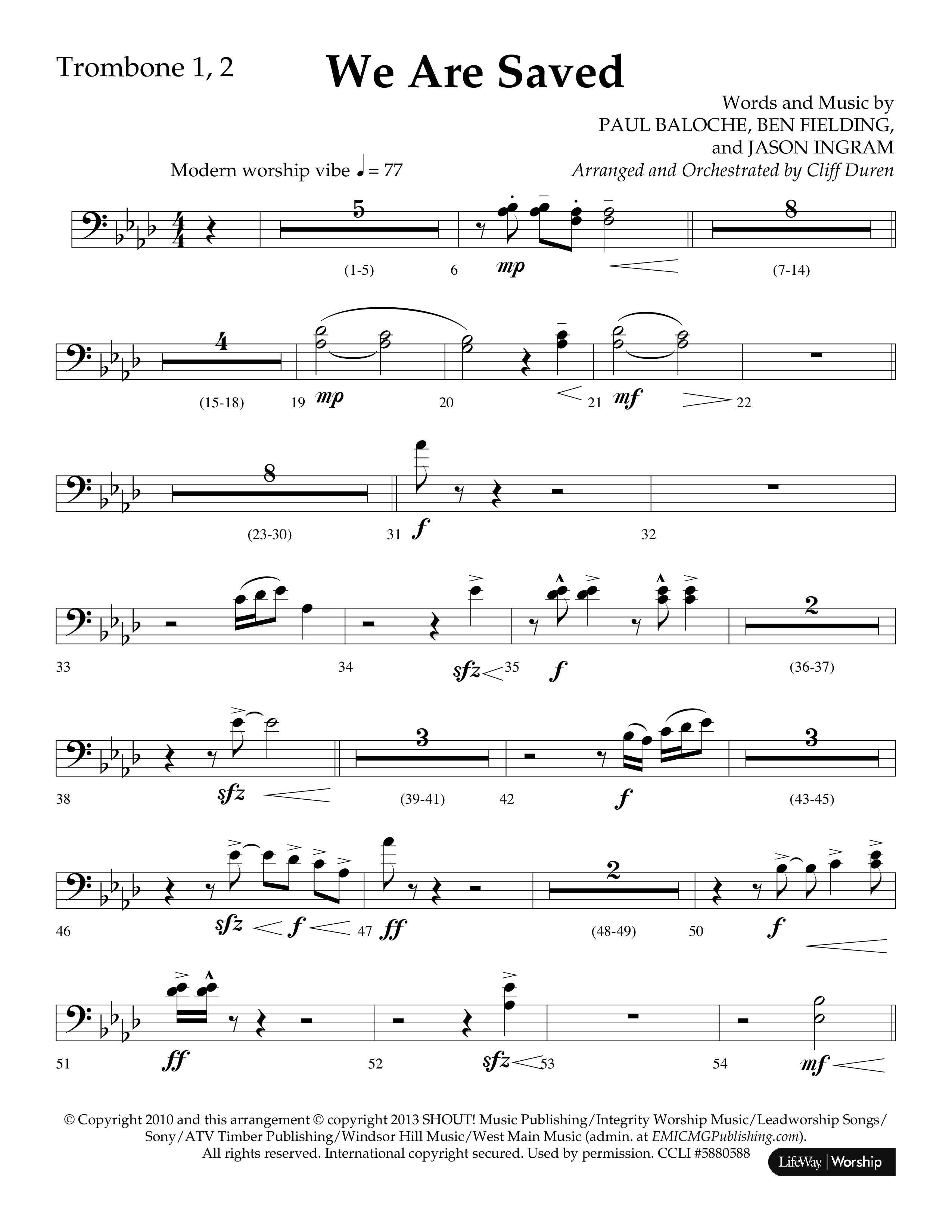 We Are Saved (Choral Anthem SATB) Trombone 1/2 (Lifeway Choral / Arr. Cliff Duren)
