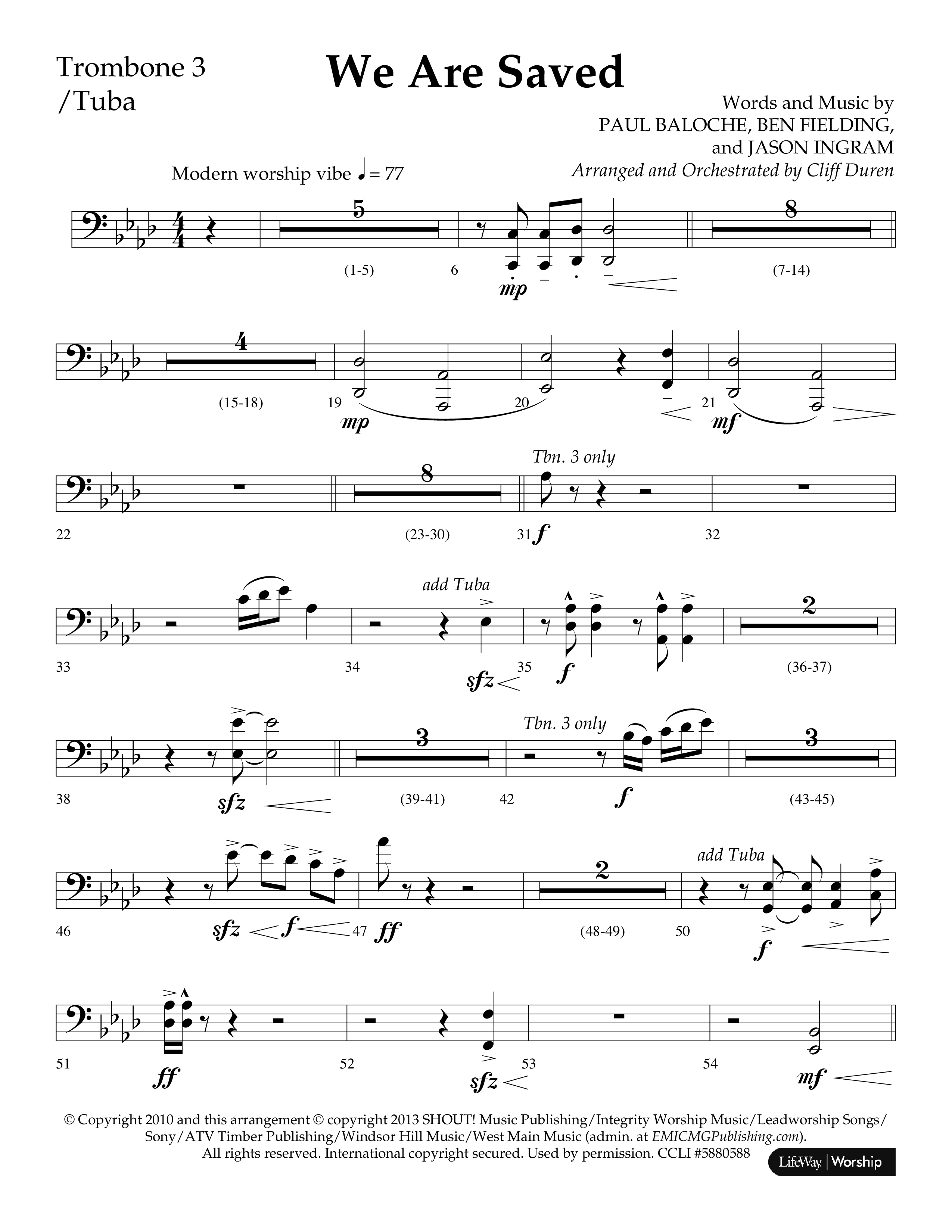 We Are Saved (Choral Anthem SATB) Trombone 3/Tuba (Lifeway Choral / Arr. Cliff Duren)