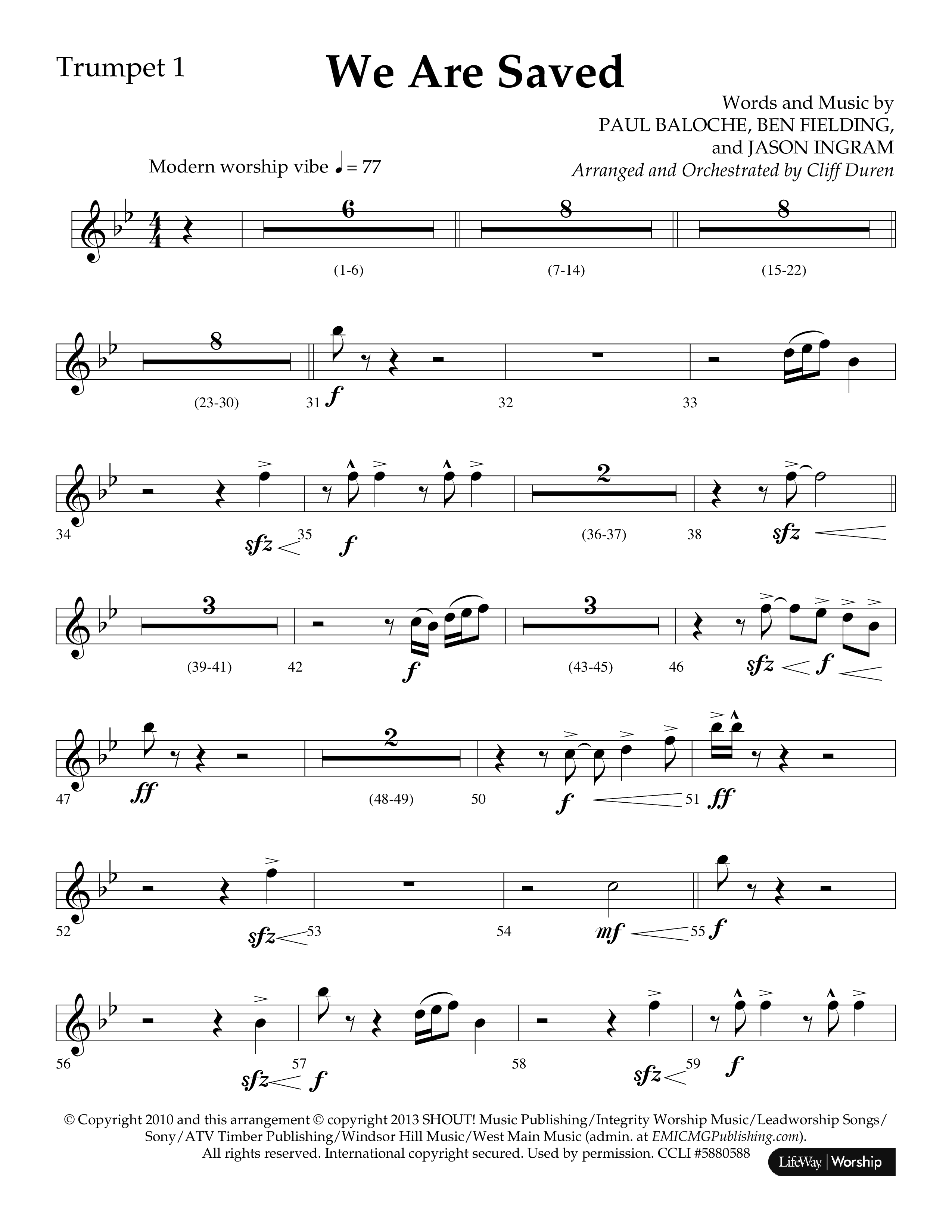 We Are Saved (Choral Anthem SATB) Trumpet 1 (Lifeway Choral / Arr. Cliff Duren)