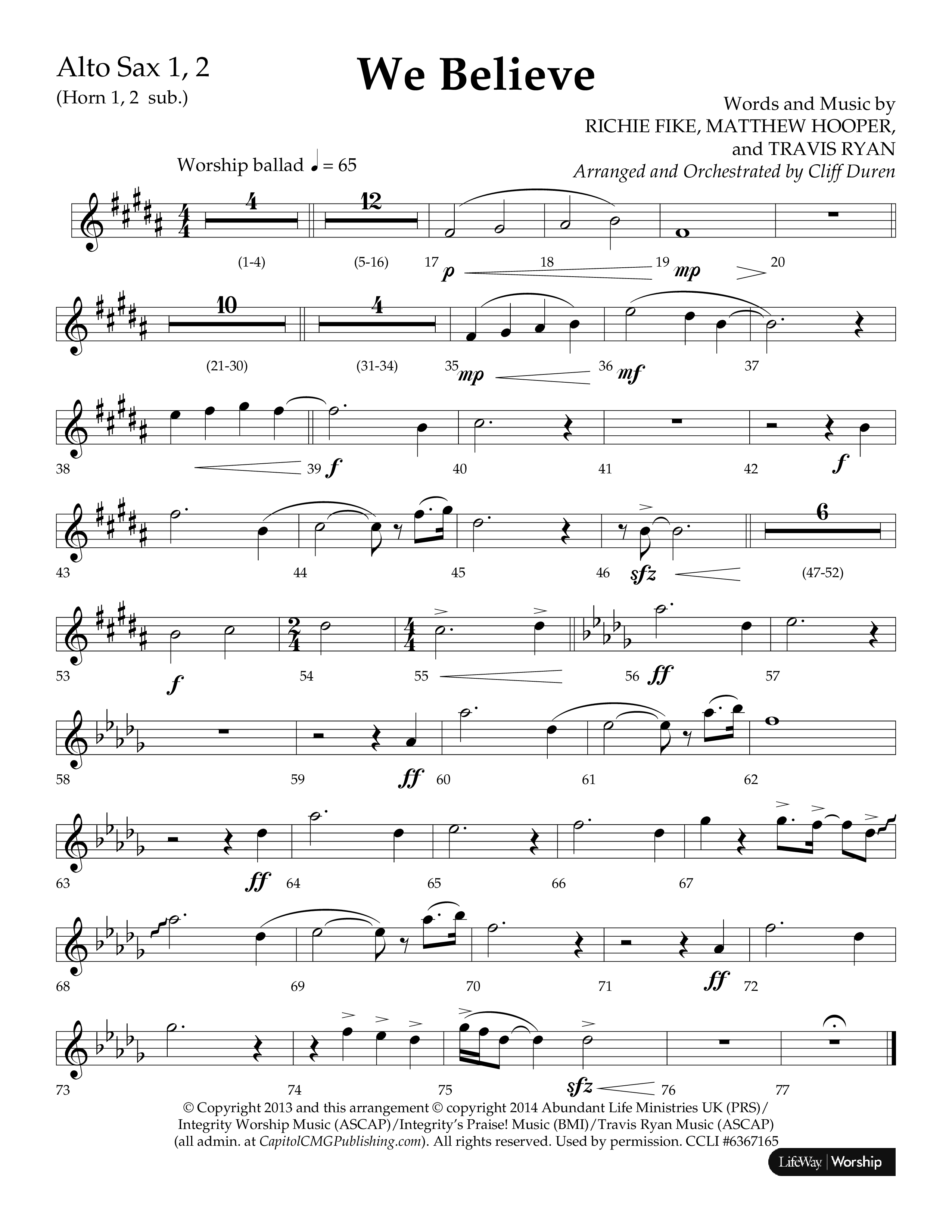 We Believe (Choral Anthem SATB) Alto Sax 1/2 (Lifeway Choral / Arr. Cliff Duren)