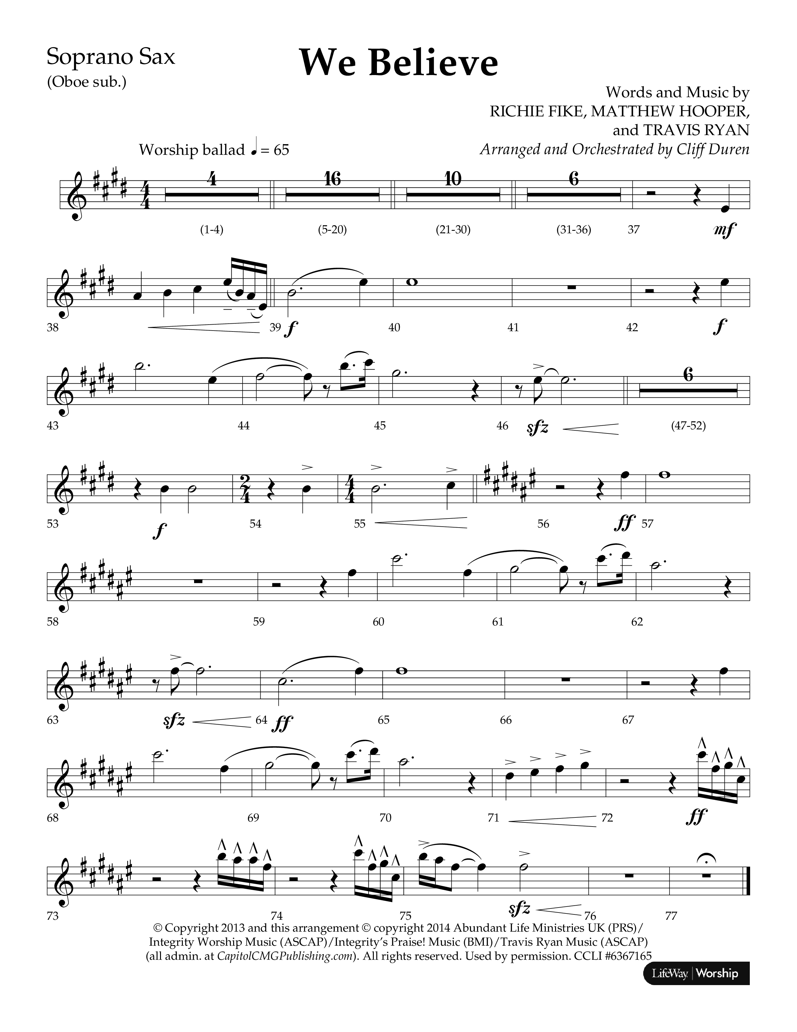 We Believe (Choral Anthem SATB) Soprano Sax (Lifeway Choral / Arr. Cliff Duren)