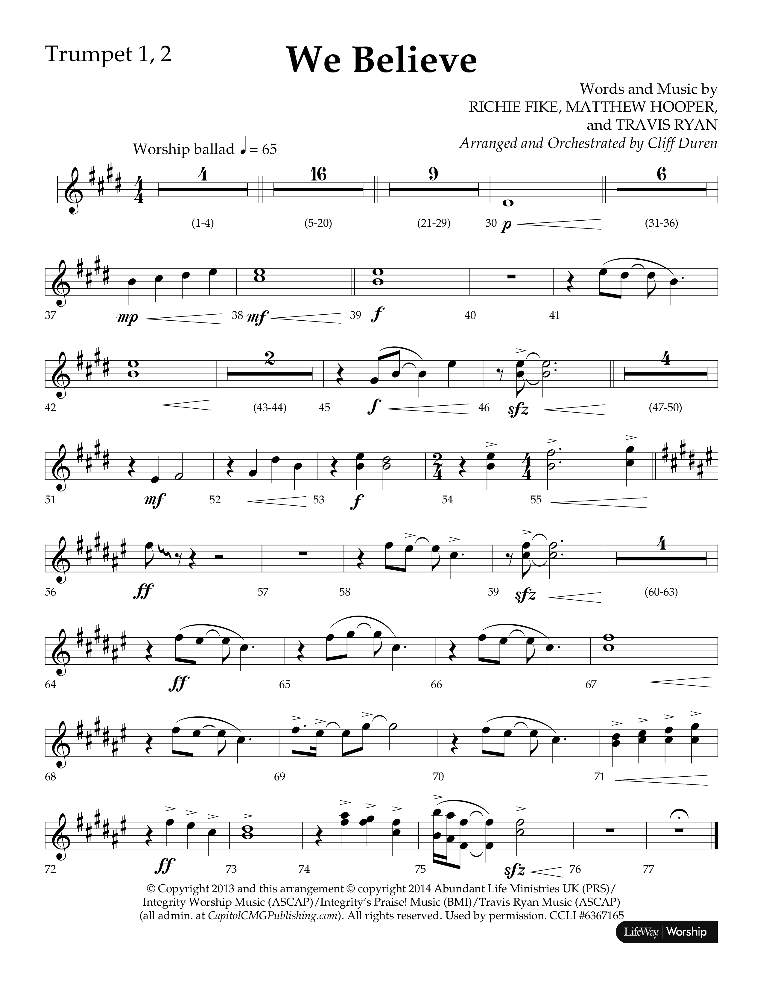 We Believe (Choral Anthem SATB) Trumpet 1,2 (Lifeway Choral / Arr. Cliff Duren)