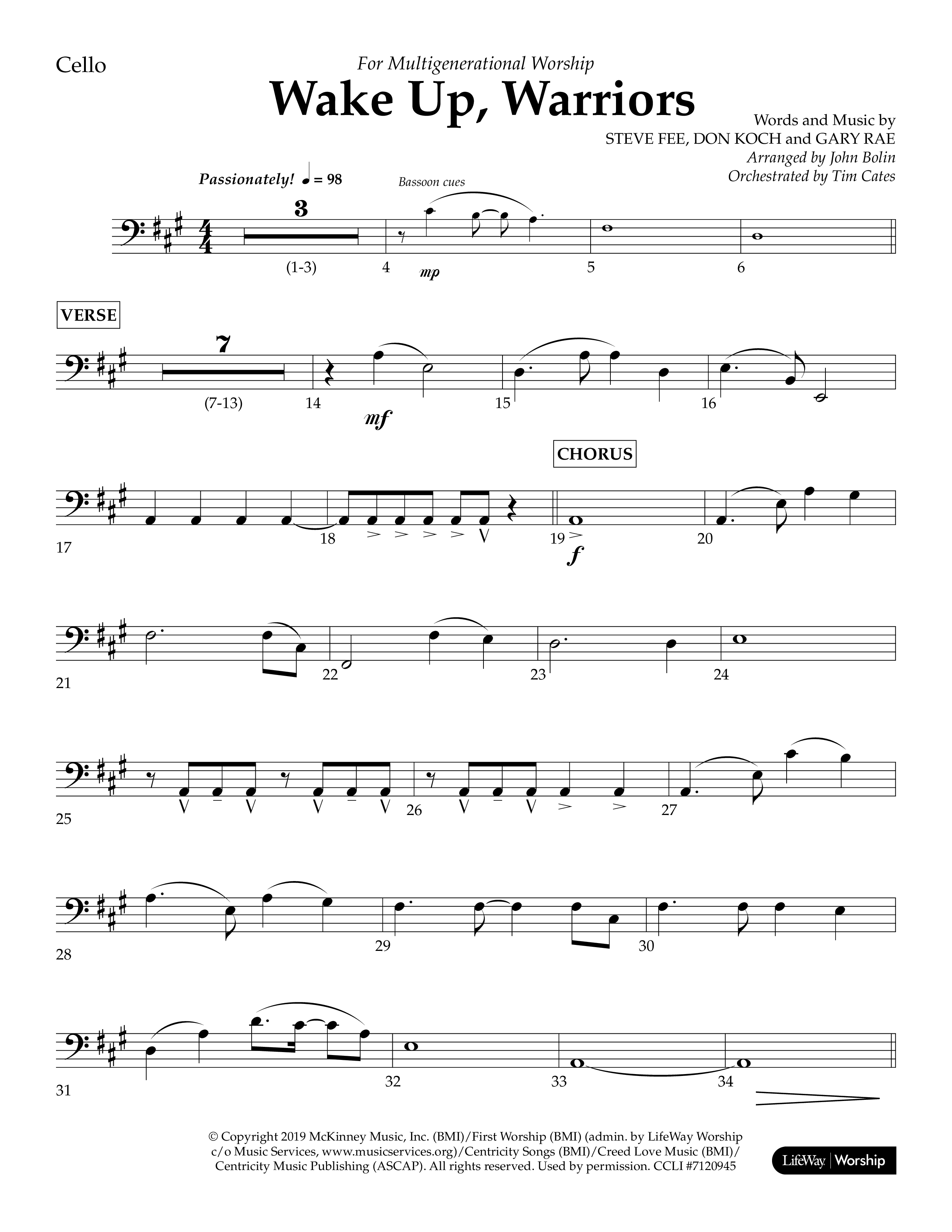 Wake Up Warriors (Choral Anthem SATB) Cello (Lifeway Choral / Arr. John Bolin / Orch. Tim Cates)
