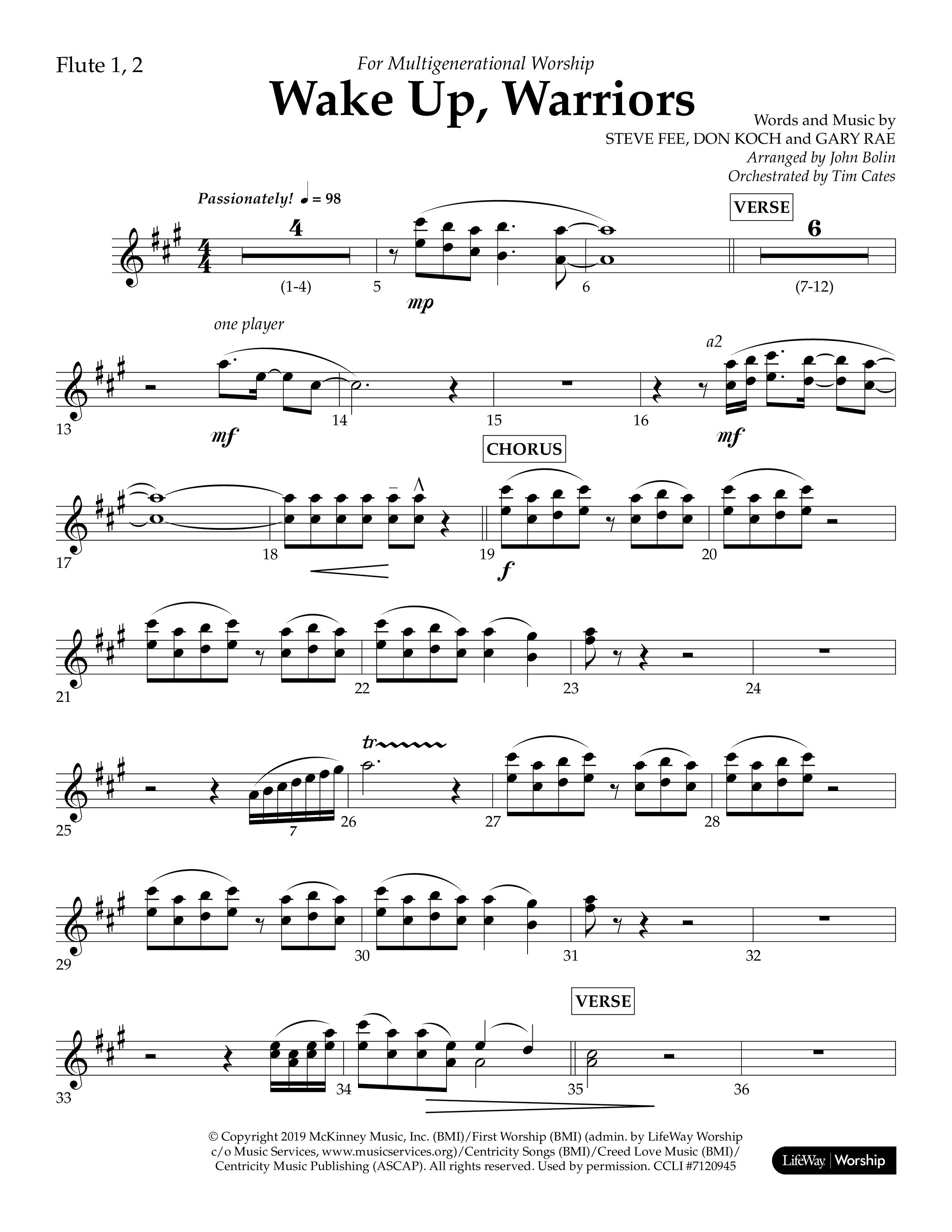 Wake Up Warriors (Choral Anthem SATB) Flute 1/2 (Lifeway Choral / Arr. John Bolin / Orch. Tim Cates)
