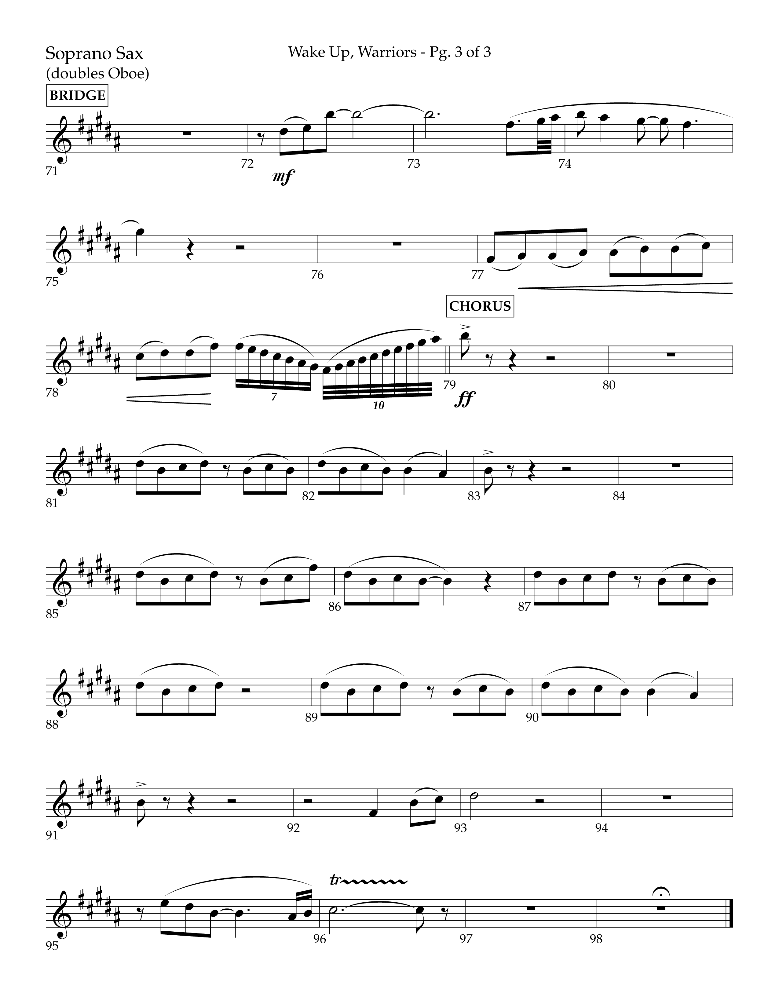Wake Up Warriors (Choral Anthem SATB) Soprano Sax (Lifeway Choral / Arr. John Bolin / Orch. Tim Cates)
