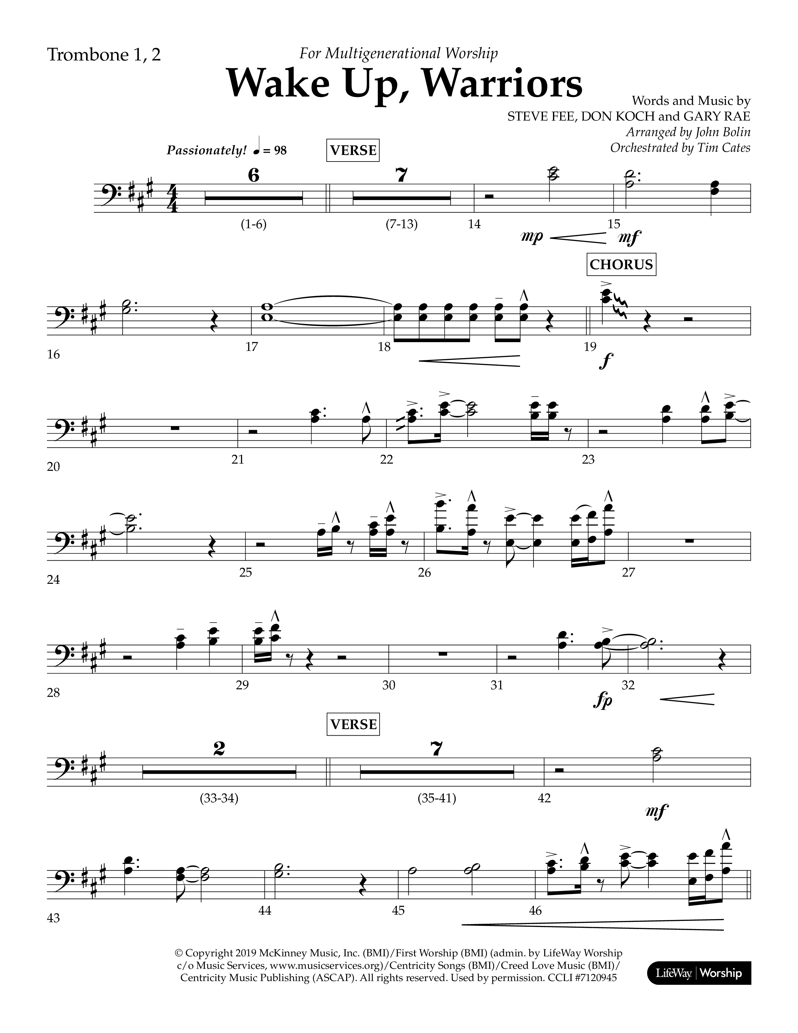 Wake Up Warriors (Choral Anthem SATB) Trombone 1/2 (Lifeway Choral / Arr. John Bolin / Orch. Tim Cates)