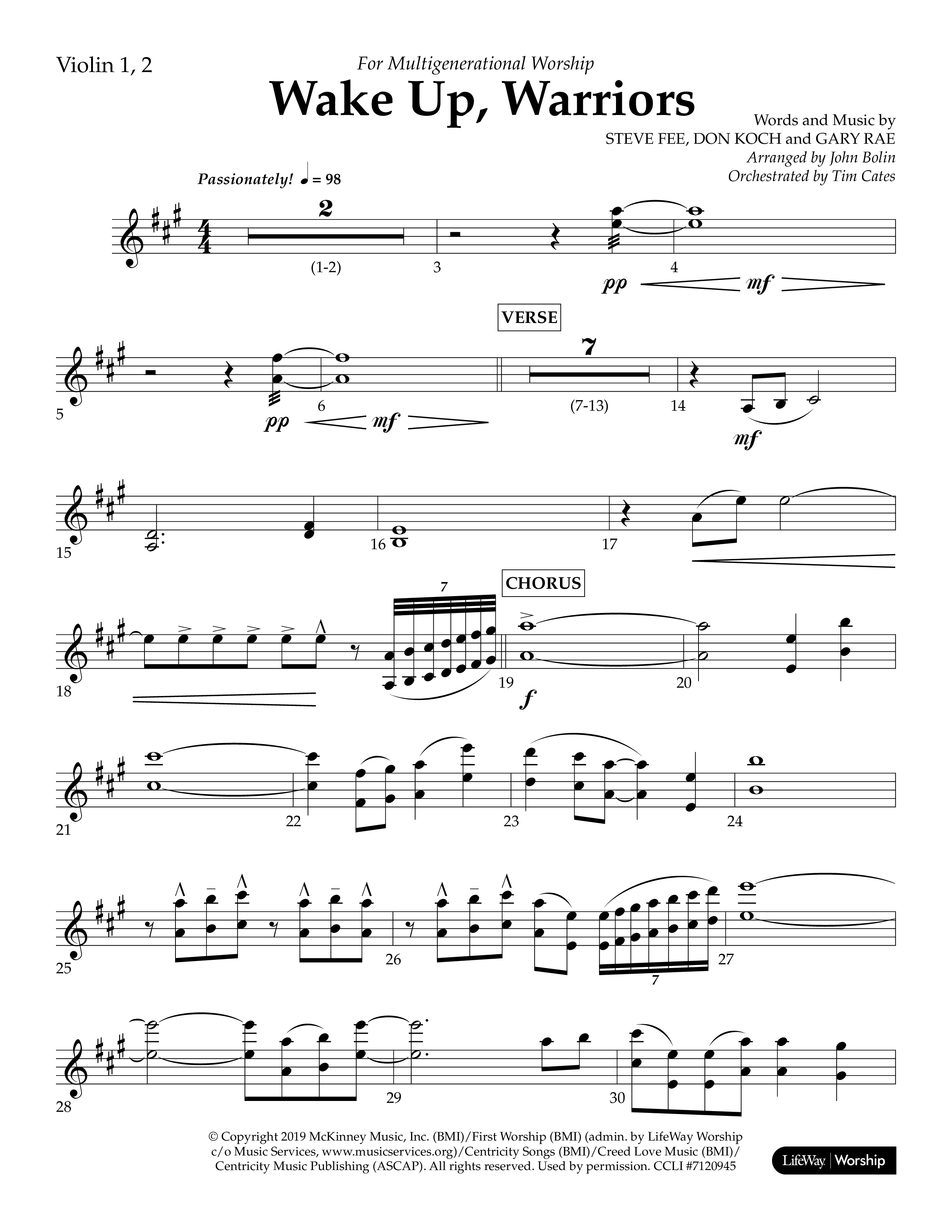 Wake Up Warriors (Choral Anthem SATB) Violin 1/2 (Lifeway Choral / Arr. John Bolin / Orch. Tim Cates)