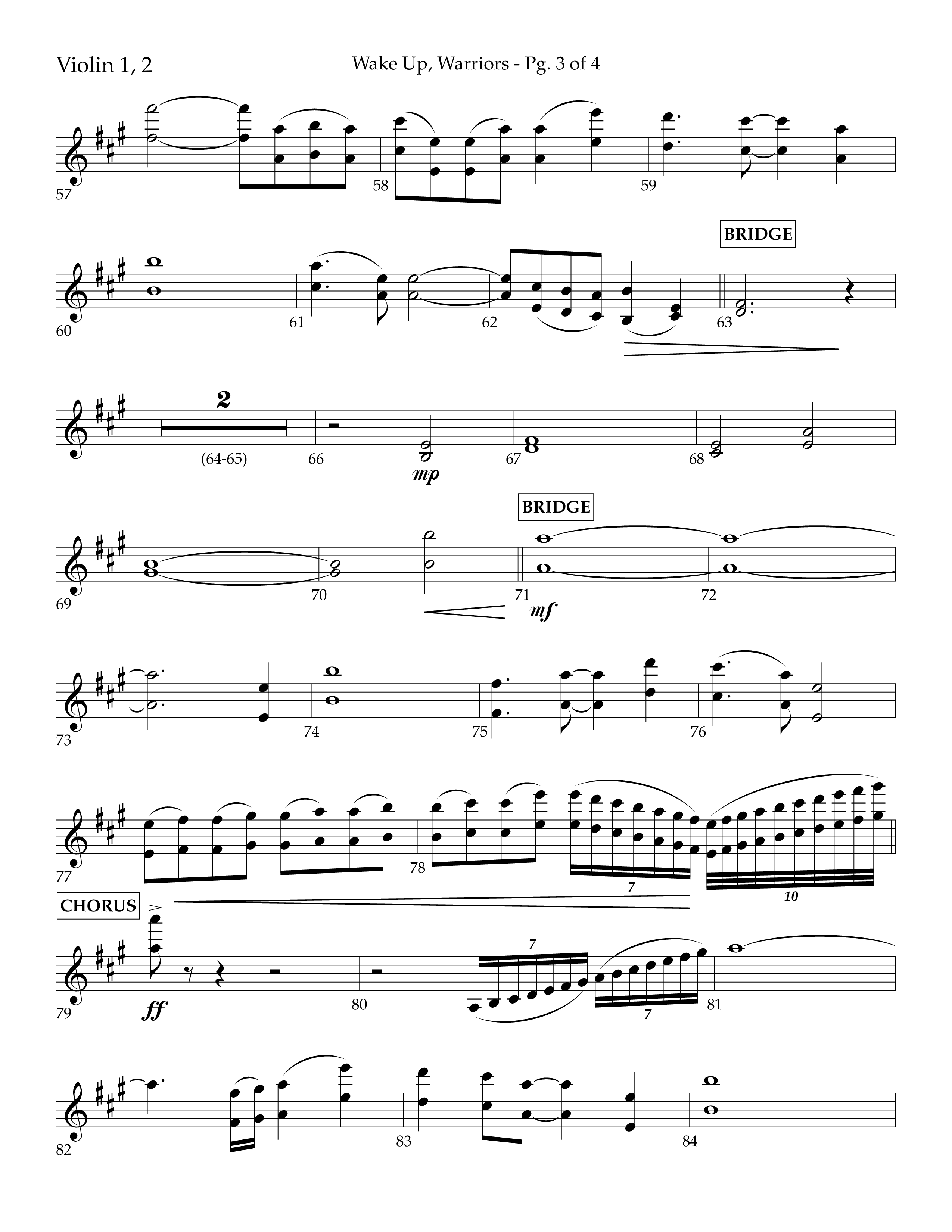 Wake Up Warriors (Choral Anthem SATB) Violin 1/2 (Lifeway Choral / Arr. John Bolin / Orch. Tim Cates)