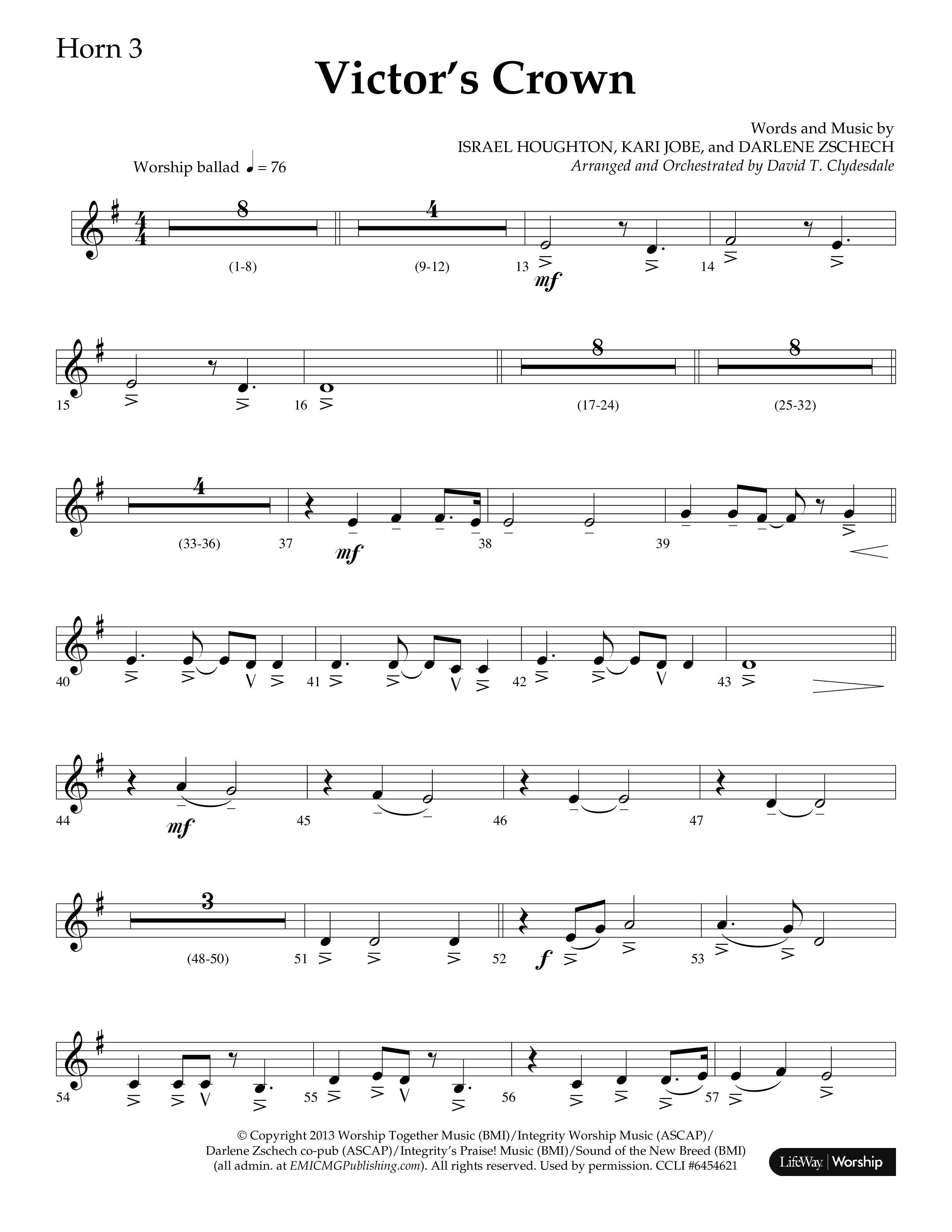 Victor's Crown (Choral Anthem SATB) French Horn 3 (Lifeway Choral / Arr. David T. Clydesdale)