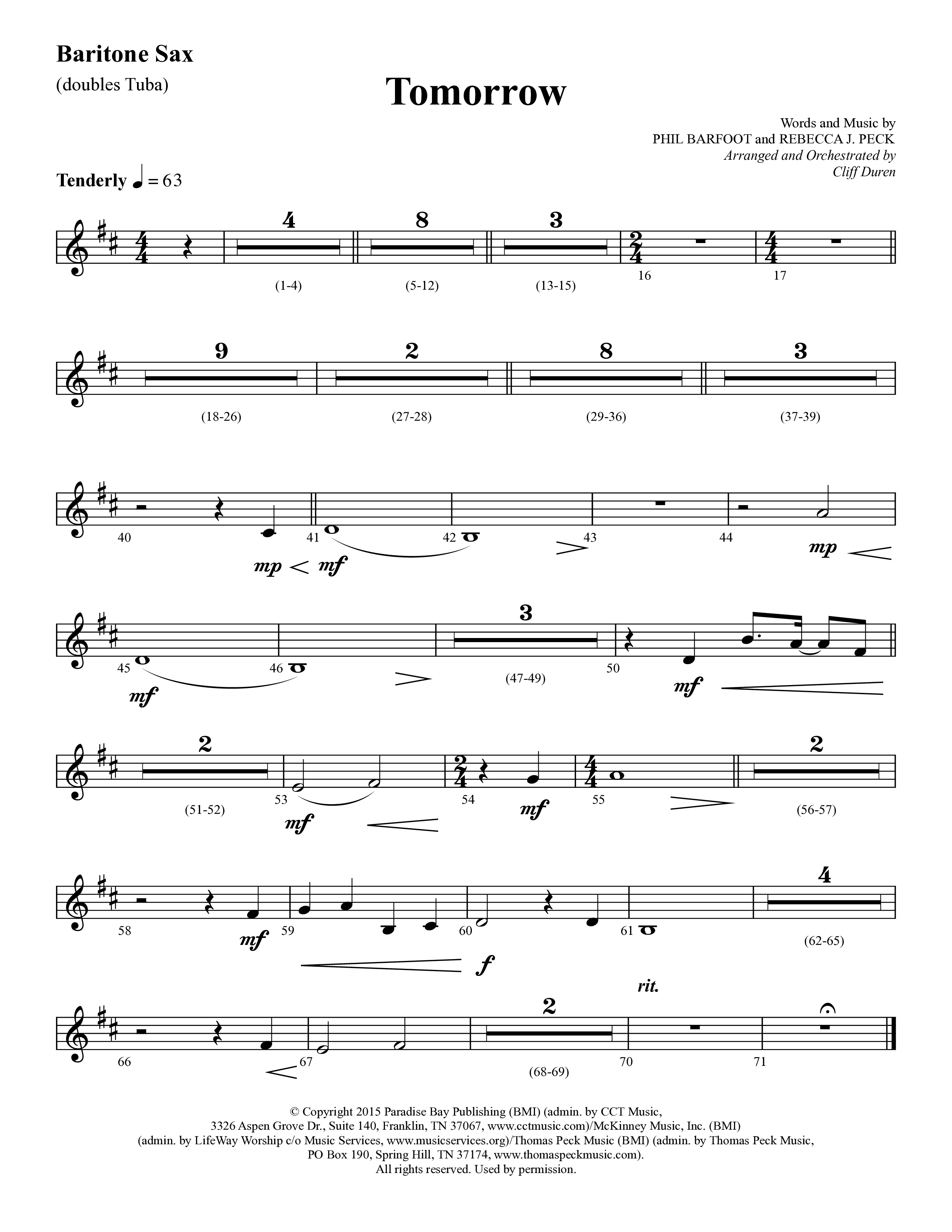 Tomorrow (Choral Anthem SATB) Bari Sax (Lifeway Choral / Arr. Cliff Duren)