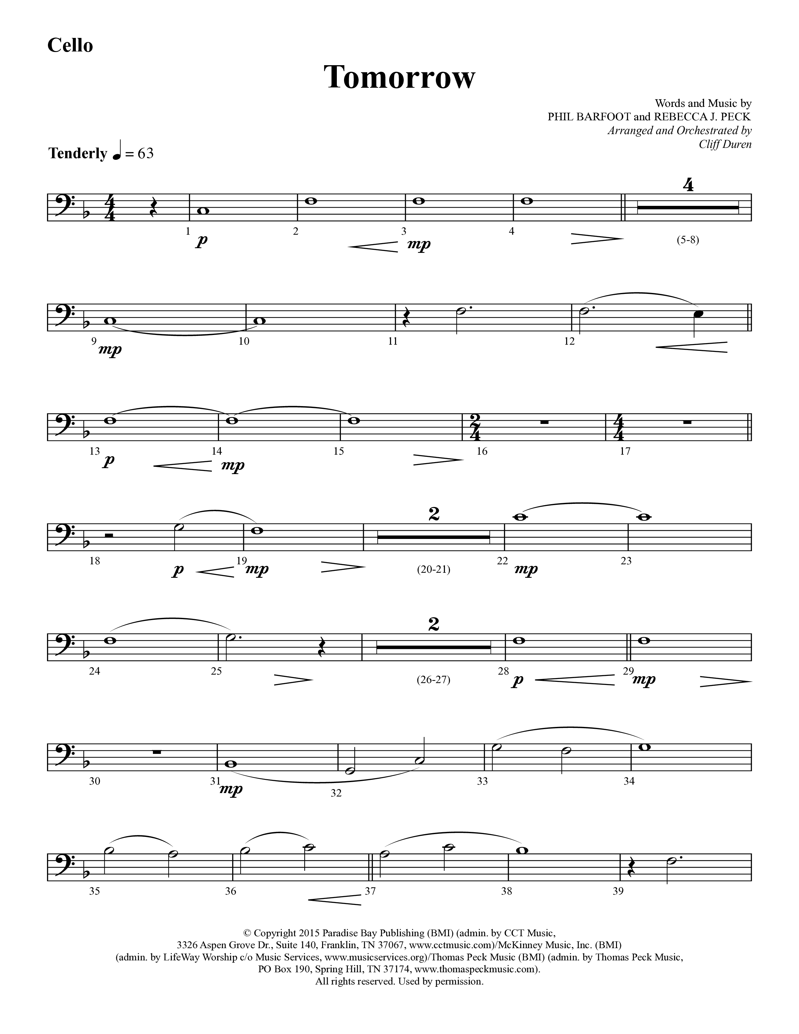Tomorrow (Choral Anthem SATB) Cello (Lifeway Choral / Arr. Cliff Duren)
