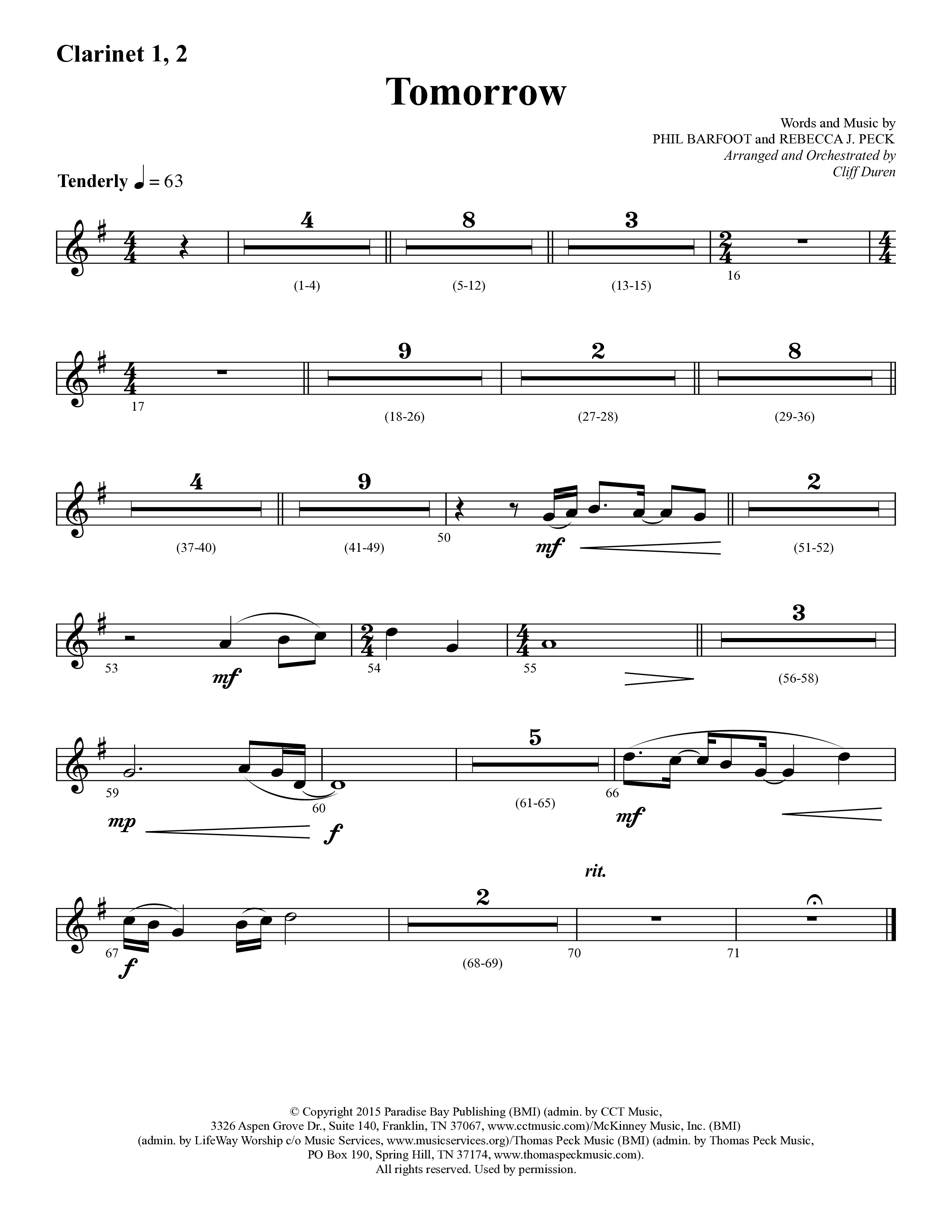 Tomorrow (Choral Anthem SATB) Clarinet 1/2 (Lifeway Choral / Arr. Cliff Duren)