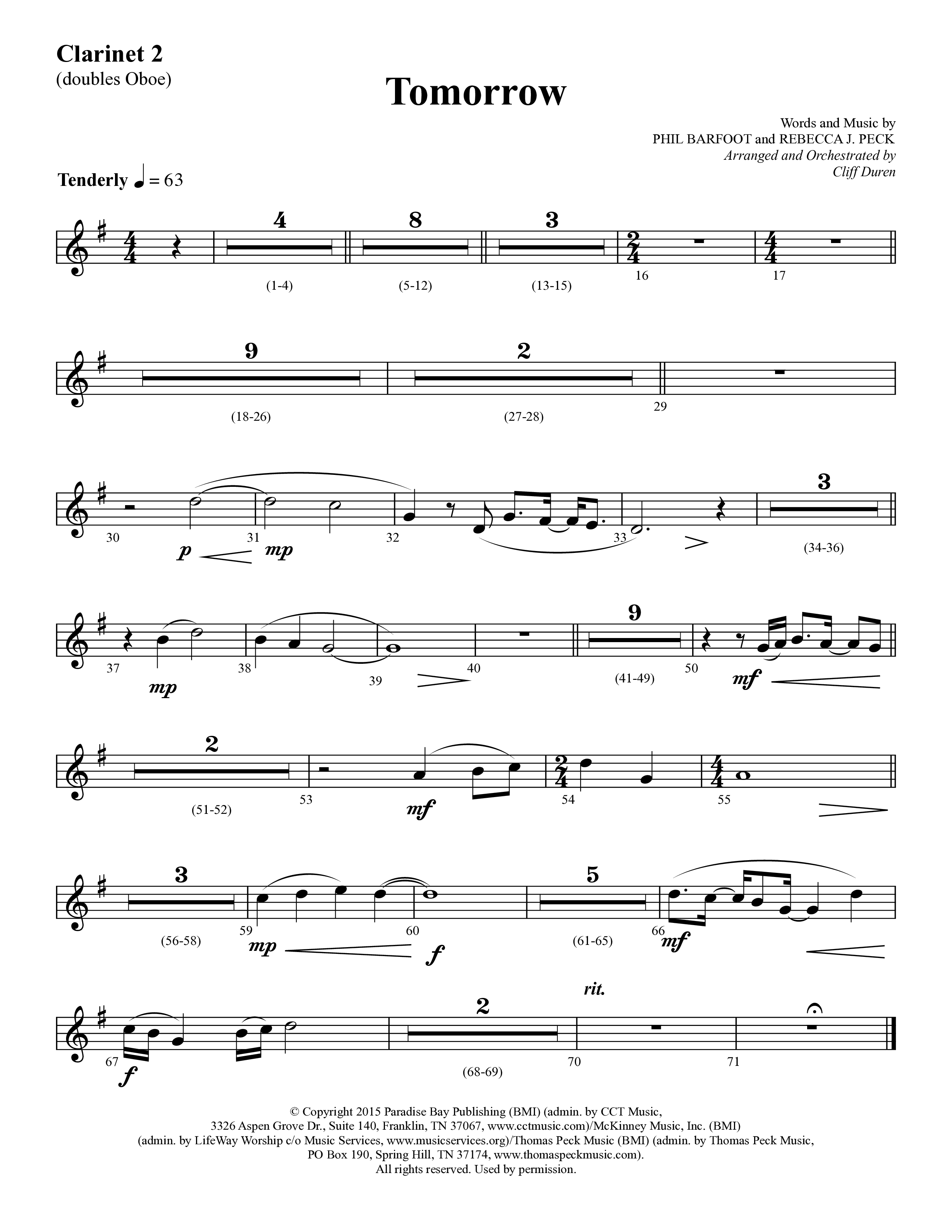 Tomorrow (Choral Anthem SATB) Clarinet 1/2 (Lifeway Choral / Arr. Cliff Duren)