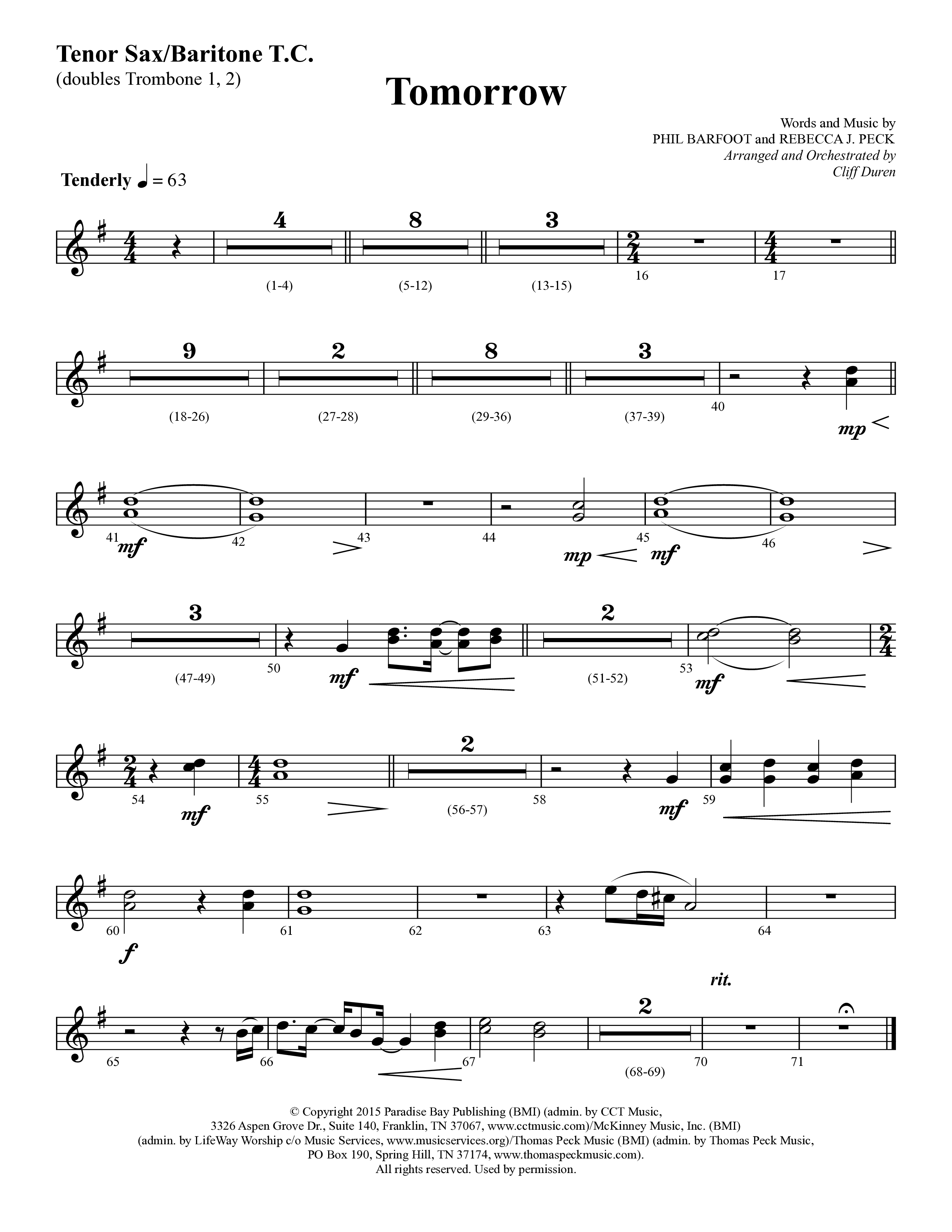 Tomorrow (Choral Anthem SATB) Tenor Sax/Baritone T.C. (Lifeway Choral / Arr. Cliff Duren)