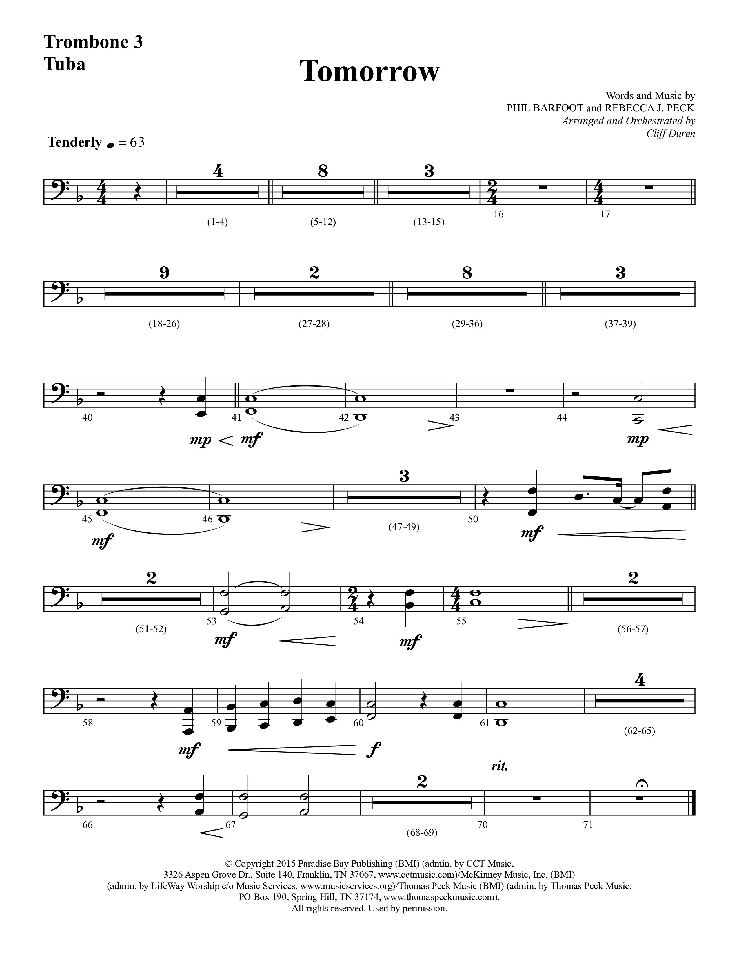 Tomorrow (Choral Anthem SATB) Trombone 3/Tuba (Lifeway Choral / Arr. Cliff Duren)