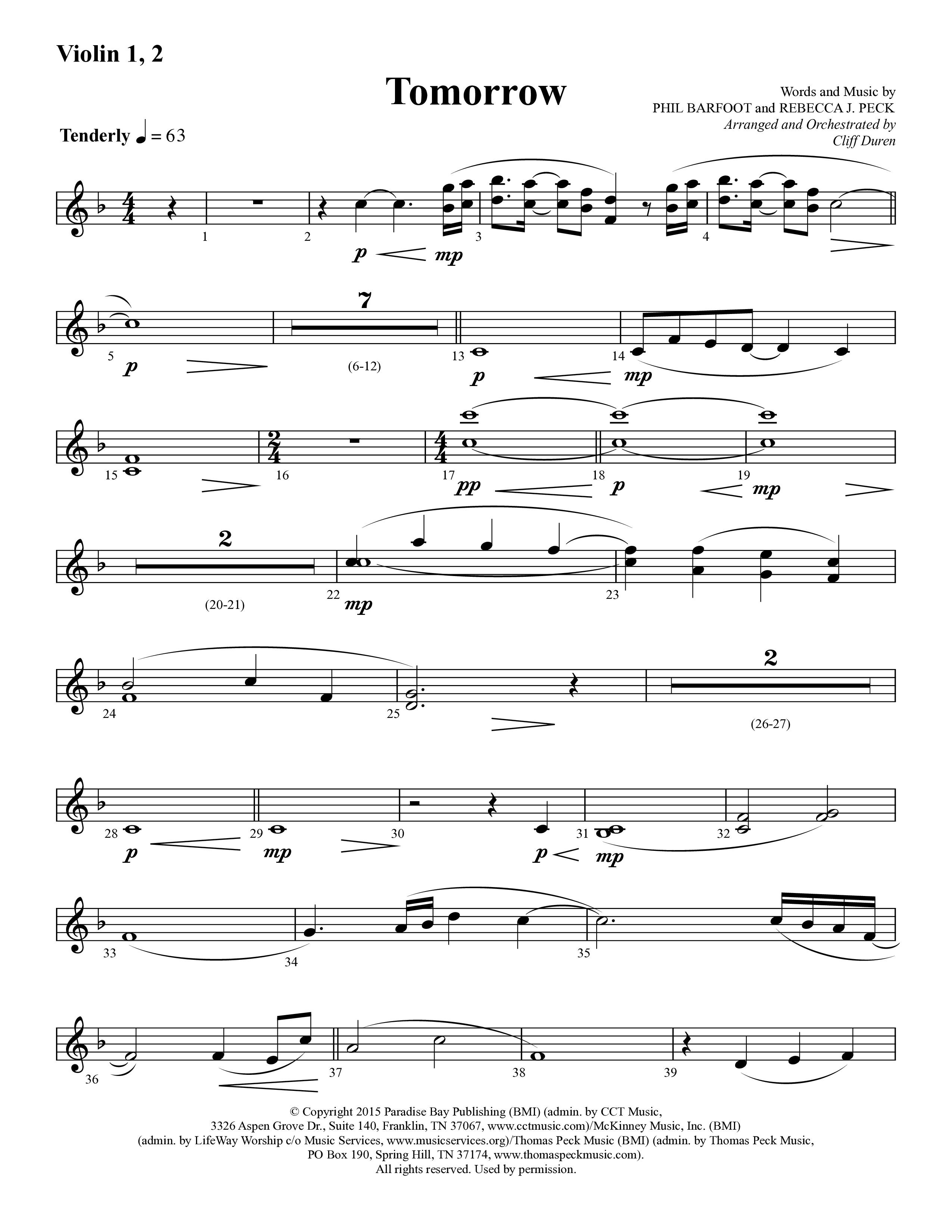 Tomorrow (Choral Anthem SATB) Violin 1/2 (Lifeway Choral / Arr. Cliff Duren)