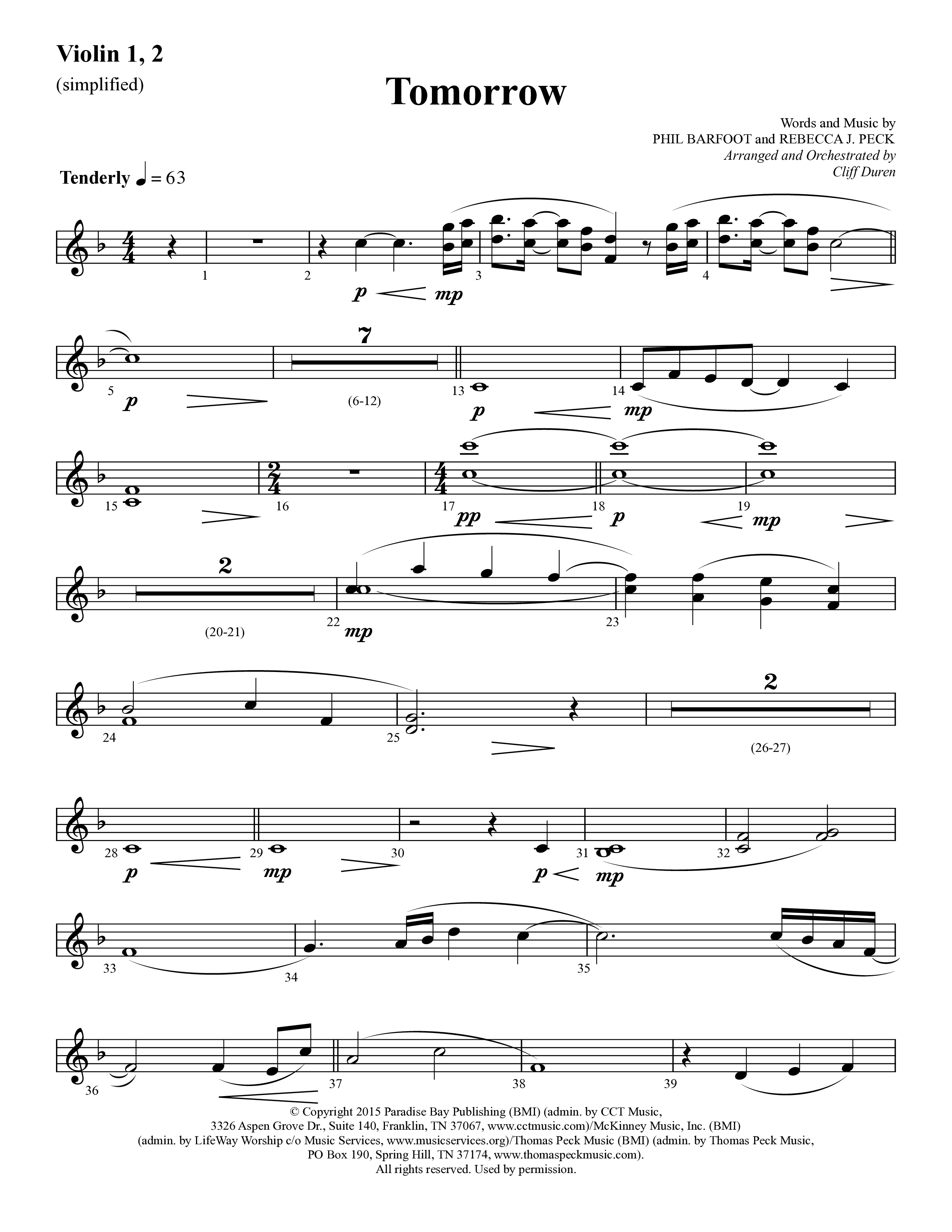 Tomorrow (Choral Anthem SATB) Violin 1/2 (Lifeway Choral / Arr. Cliff Duren)