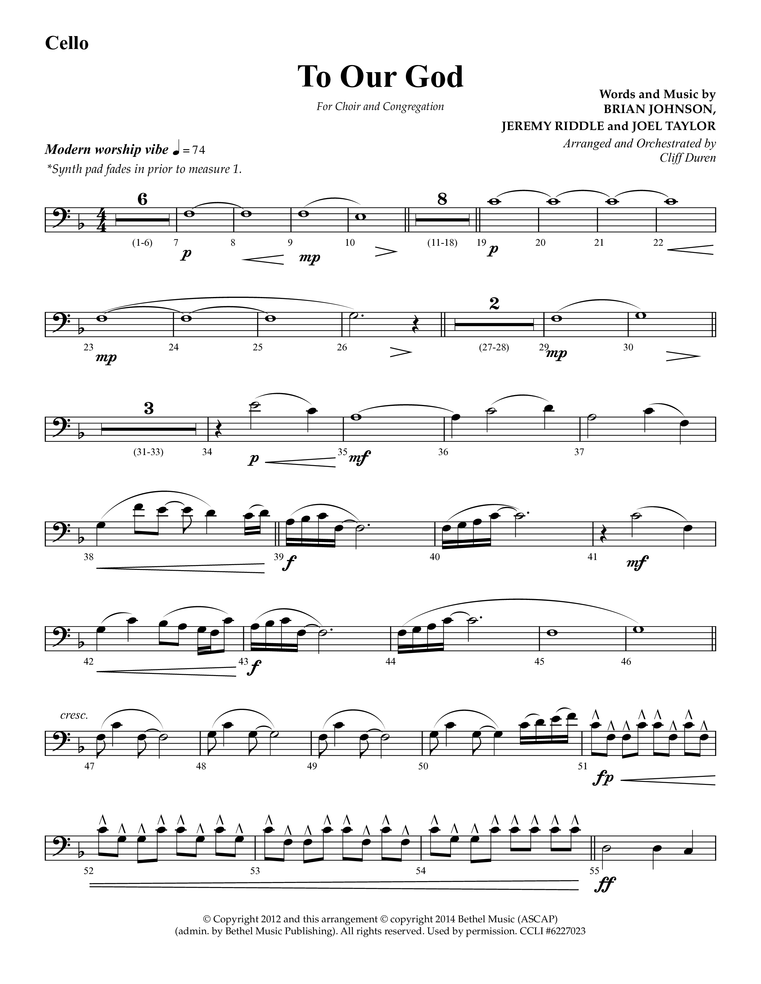To Our God (Choral Anthem SATB) Cello (Lifeway Choral / Arr. Cliff Duren)